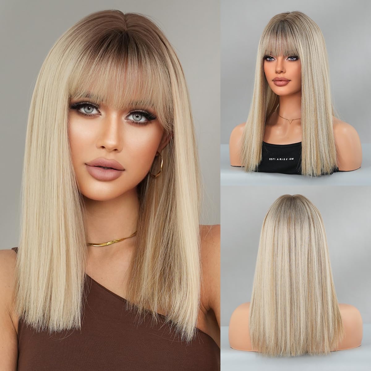 Women Shoulder Length Human Hair Wigs Flaxen Blonde With Top Highlights Bangs Lightweight Breathable Glueless For Daily (Flaxen Blonde)