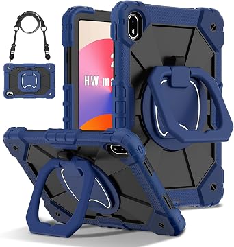 for Huawei MatePad SE 11 inch 2024 AGS6-W00 Case with Pencil Holder Rotating Hanging Ring Handle Kickstand, Heavy Duty Shock-Proof Armor Cover w/Shoulder Strap Navy Blue+Black