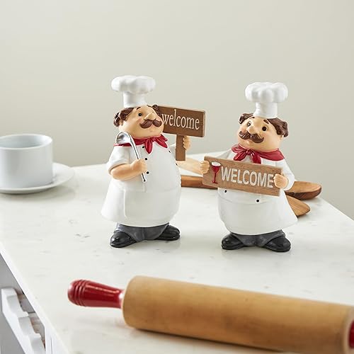 Miniatura 2 de Deco 79 Polystone - Escultura decorativa de chef, estatuas decorativas de cocina con letreros de bienvenida, juego de 2 figuras decorativas de 5
