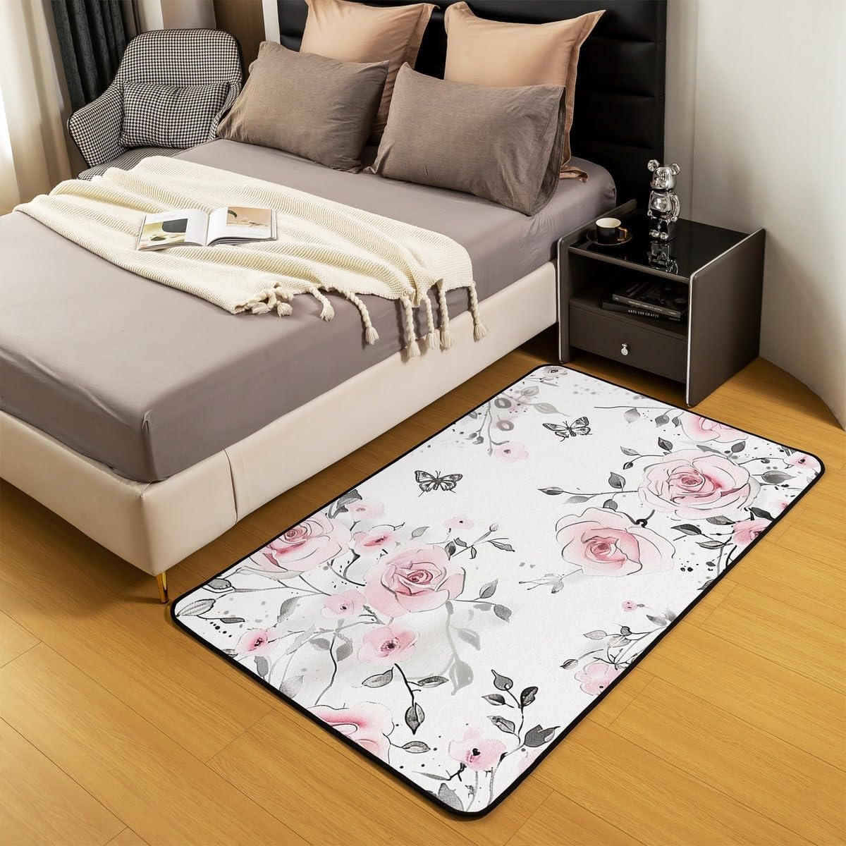 Erosebridal Pink Rose Area Rug 3x5 for Girls Women Lady,Romantic Rose Butterfly Carpet,Watercolor Floral Leaves Plants Indoor Floor Mat,Pink White Minimalist Decorative Rug