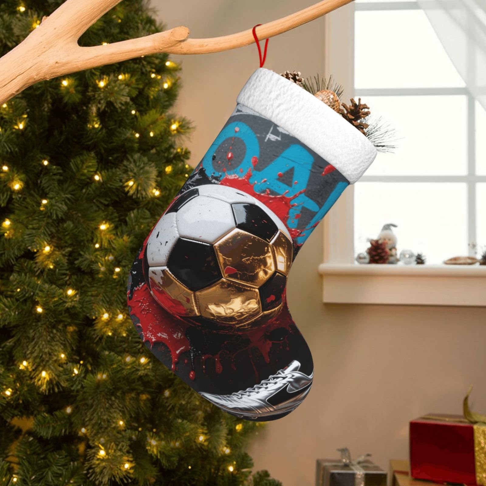 Velvet Christmas Stockings 17.7 Inch, Soccer Xmas Stocking with Soft Cuff,Classic Personalized Christmas Tree Decoration for Family Holiday New Year Party Supplies