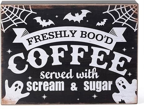 Esur Freshly Booed Coffee Wooden Box Sign, Fall Halloween Ghost Decorations Indoor for Home Office Kitchen Coffee Bar Decor