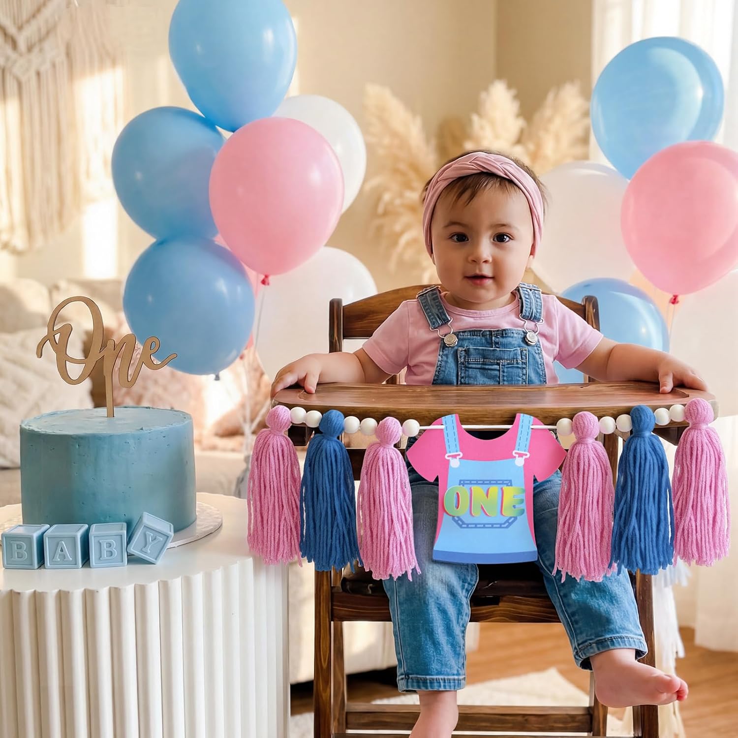 Blue Pink 1st Birthday Banner for High Chair Enlightened Teacher Party Decor Cartoon English Teachers High Chair Banner Hanging Baby Shower Decoration image 3