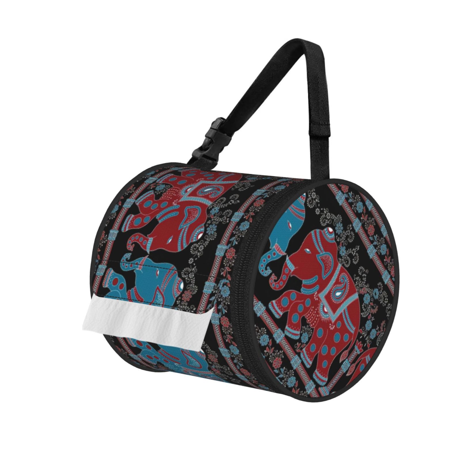Purple Elephant Print Round Paper Tissue Holder With Shoulder Strap, Portable Roll Case For Caravan Travel Use