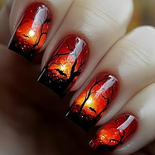 Orange Press on Nails Medium Square Fake Nails with Tree Designs Holiday Halloween Nails Decorations Medium Length Acrylic Glue on Nails French Stick on Nails for Women Manicure 24Pcs