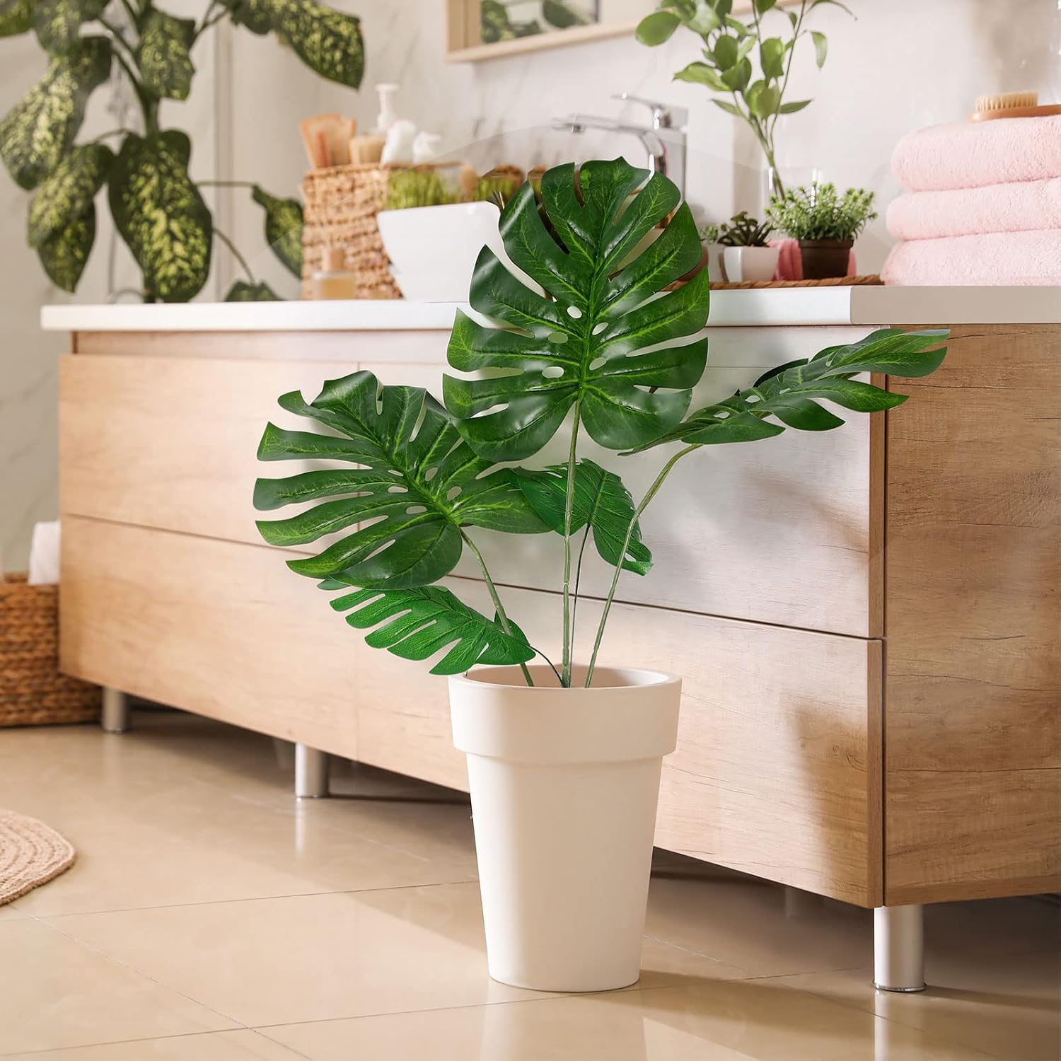 Zeyune 48 Pcs Artificial Palm Leaves Bulk with Faux Stems Large Fake Monstera Leaf for Palm Sunday Wedding Artificial Turtle Leaf Tropical Greenery Plant UV Resistant Hawaiian Jungle Party