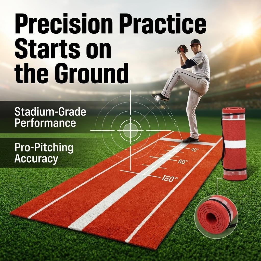 Baseball Softball Pitching Mat, 10x3 ft Roll-Up Pitching Rubber with Rubber Pitching Strip, EVA Anti-Slip Foam & Boundary Guidance Lines, Pitching Trainer for Backyards, Batting Cages, Outdoor Fields