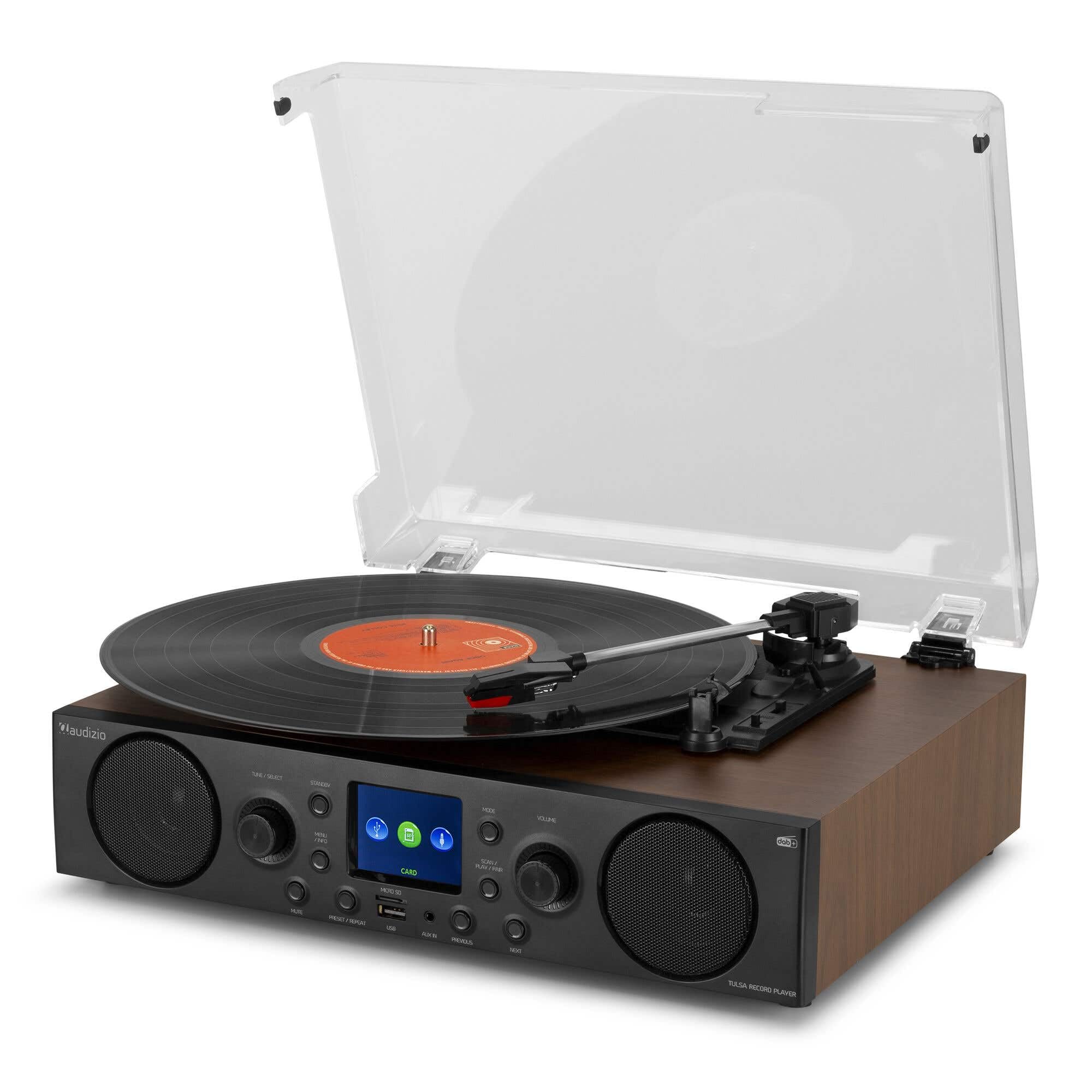 Audizio Tulsa - Sistema estéreo con Tocadiscos Bluetooth 5.0, sintonizador FM, Radio Dab, función de grabación, Tocadiscos con Altavoces, giradiscos, USB, SD, AUX, RCA, Modo Alarma, diseño de Madera