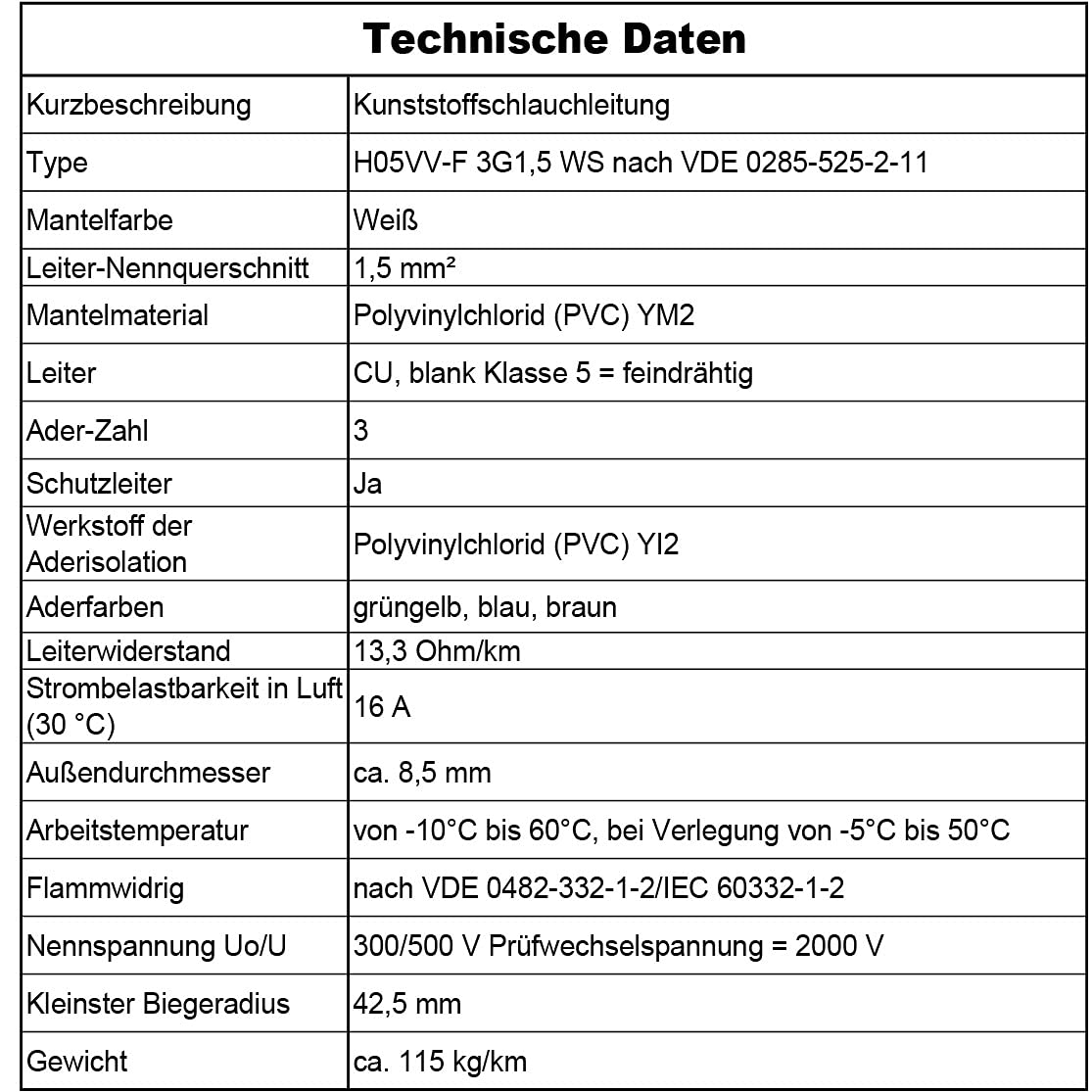 MAS Premium H05VV-F Flexible Leitung Kabel 100m 3G1,5 WS Kunststoffschlauchleitung
