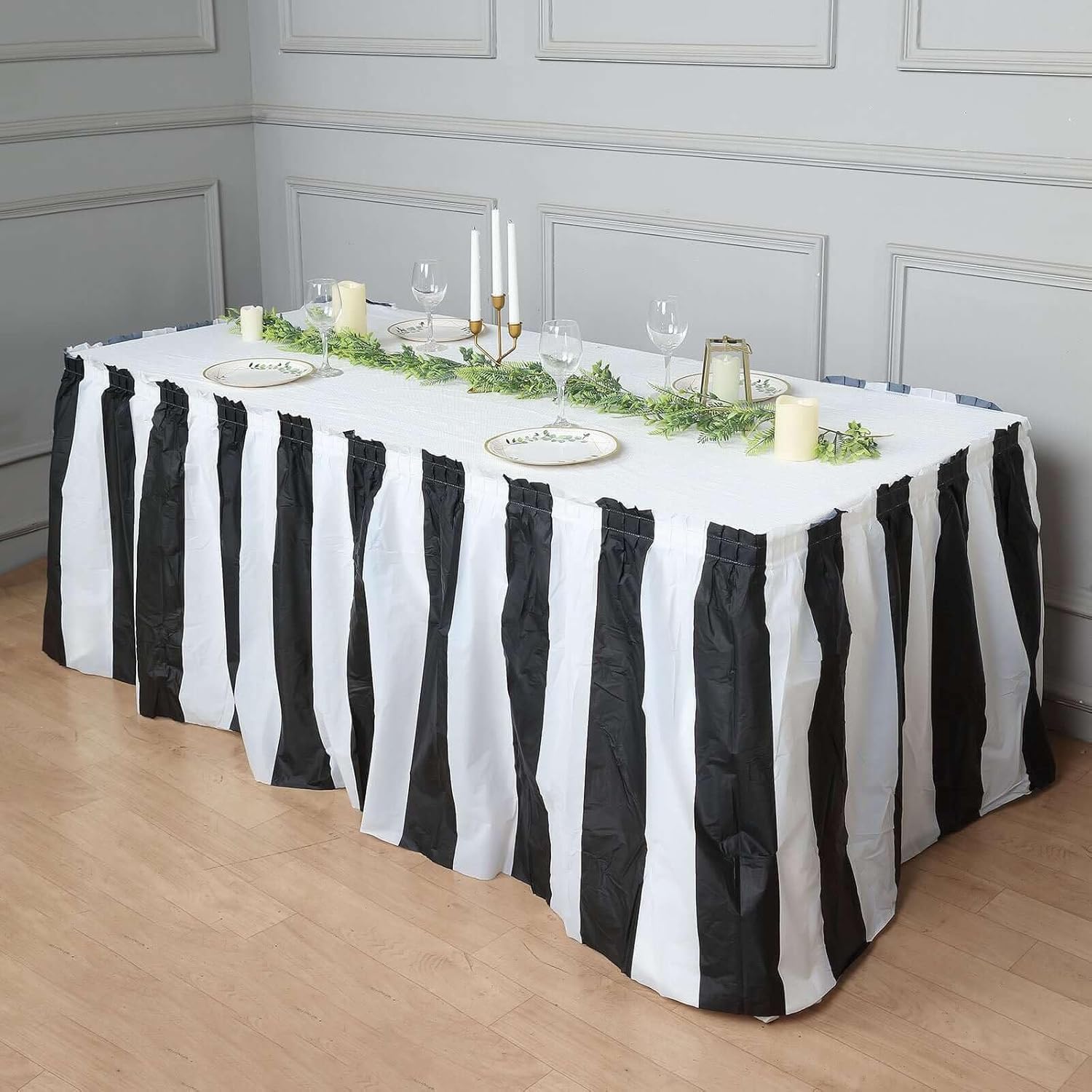Efavormart 5 Pack 14FT Stripe Plastic Table Skirts 10 Mil Thick - Black and White Ruffled Disposable Table Skirting for Large Events and Catering