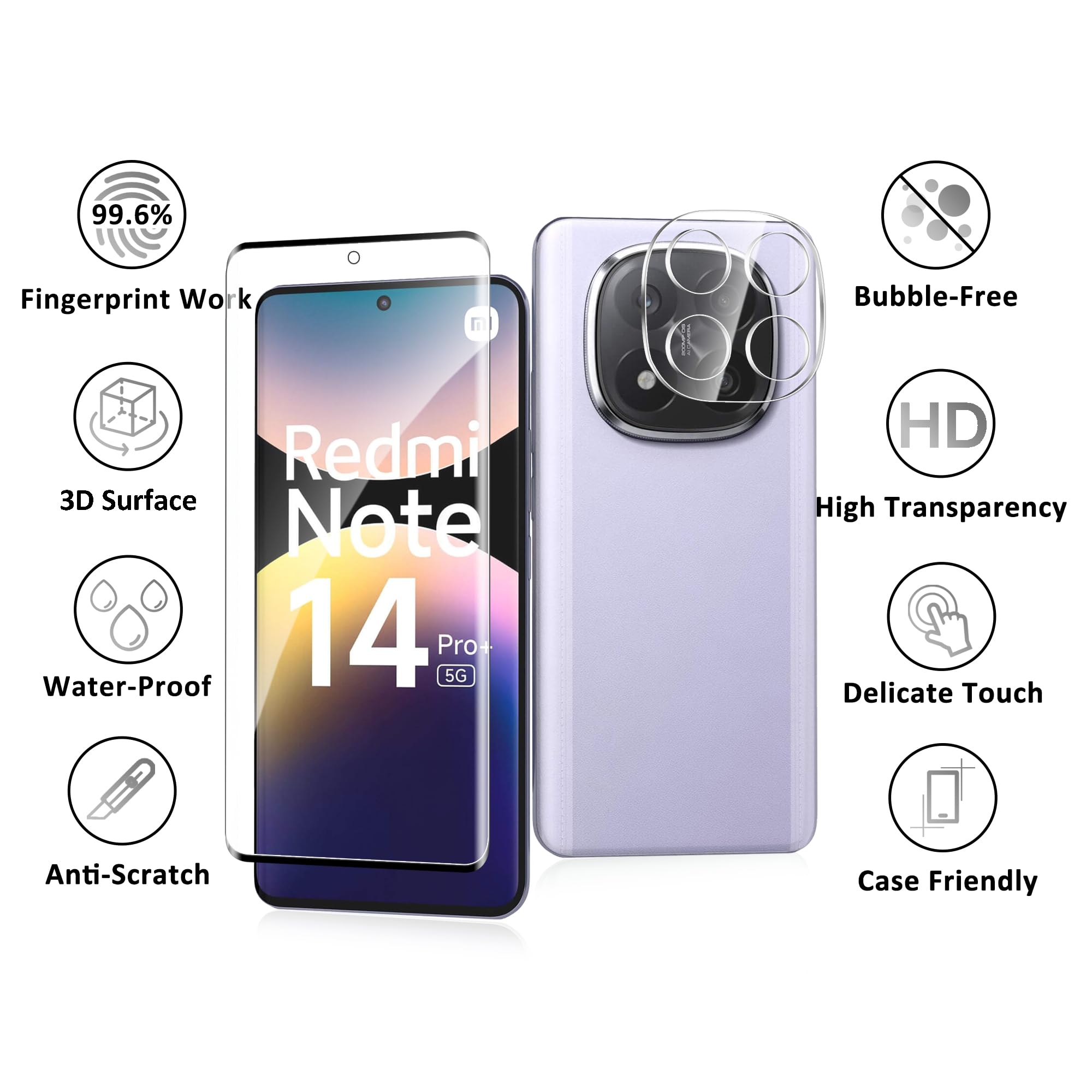 2 Pièce Verre Trempé pour Xiaomi Redmi Note 14 Pro Plus / 14 Pro+ 5G, 2 Pièce Caméra Protection, Déverrouillage d'empreintes digitales, 9H Dureté, Ultra HD, Protection pour Redmi Note 14 Pro Plus 5G