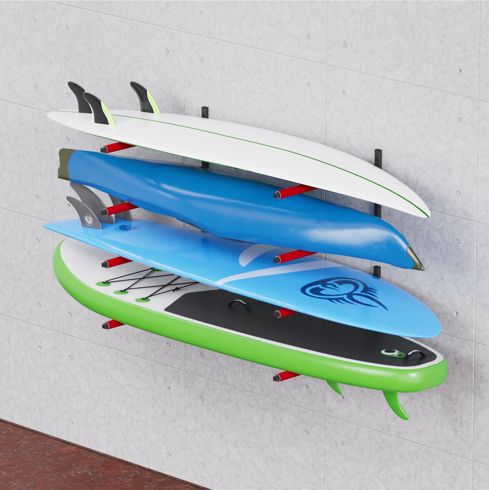 QLS Support mural, crochets, étagères, support de rangement pour surf, SUP, mousse de protection, étagère d'atelier, 2 niveaux, rouge