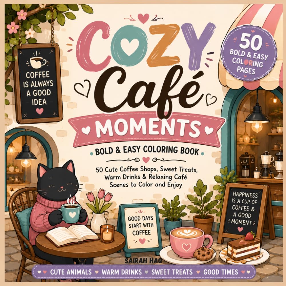 Cozy Café Moments: A Bold & Easy Coloring Book Featuring 50 Cute Coffee Shops, Sweet Treats, Warm Drinks & Relaxing Café Scenes