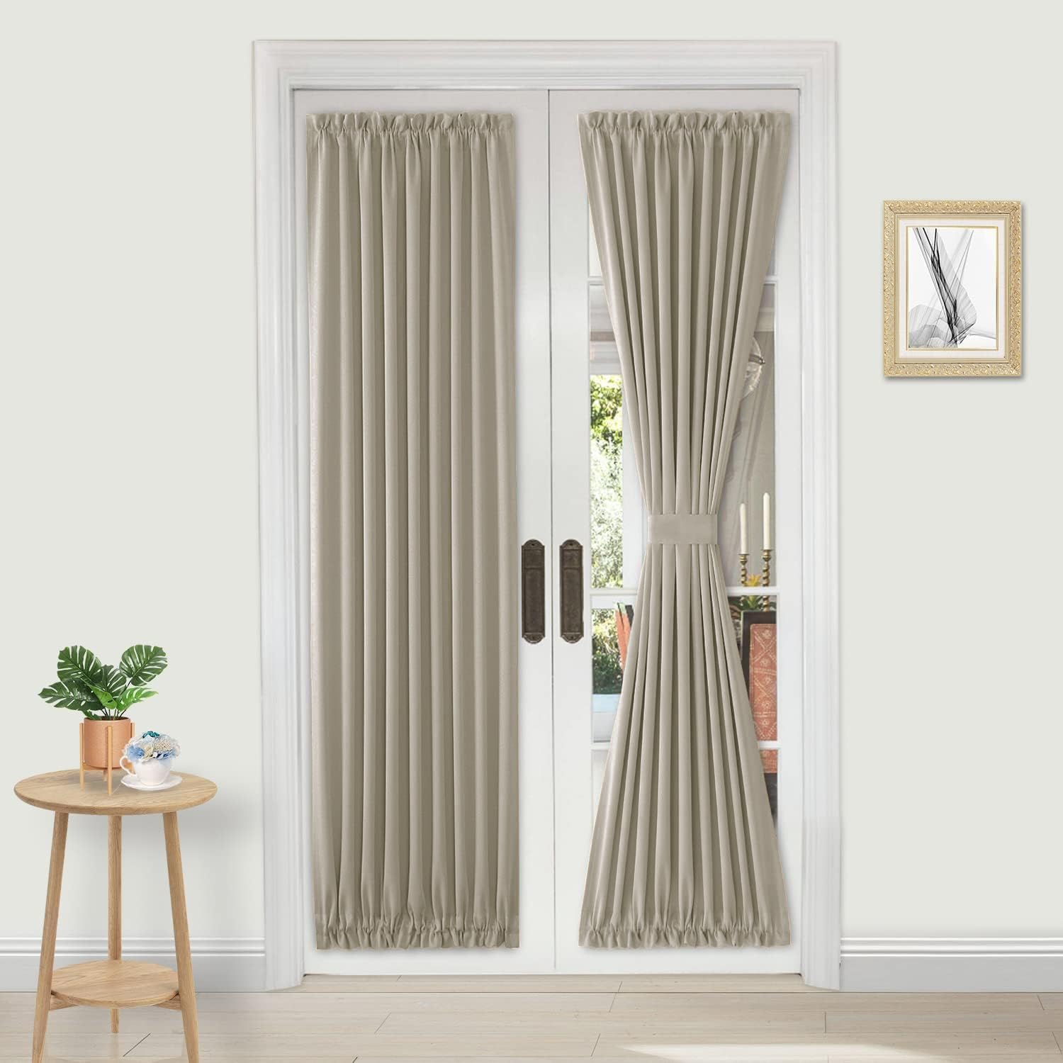DWCN French Door Curtains โ Rod Pocket Thermal Blackout Curtain for Window/Patio Doors/Doorways/Classroom/Kitchen for Privacy, 36W by 80L Inches, 1 Panel with Tieback, Taupe โ image 1
