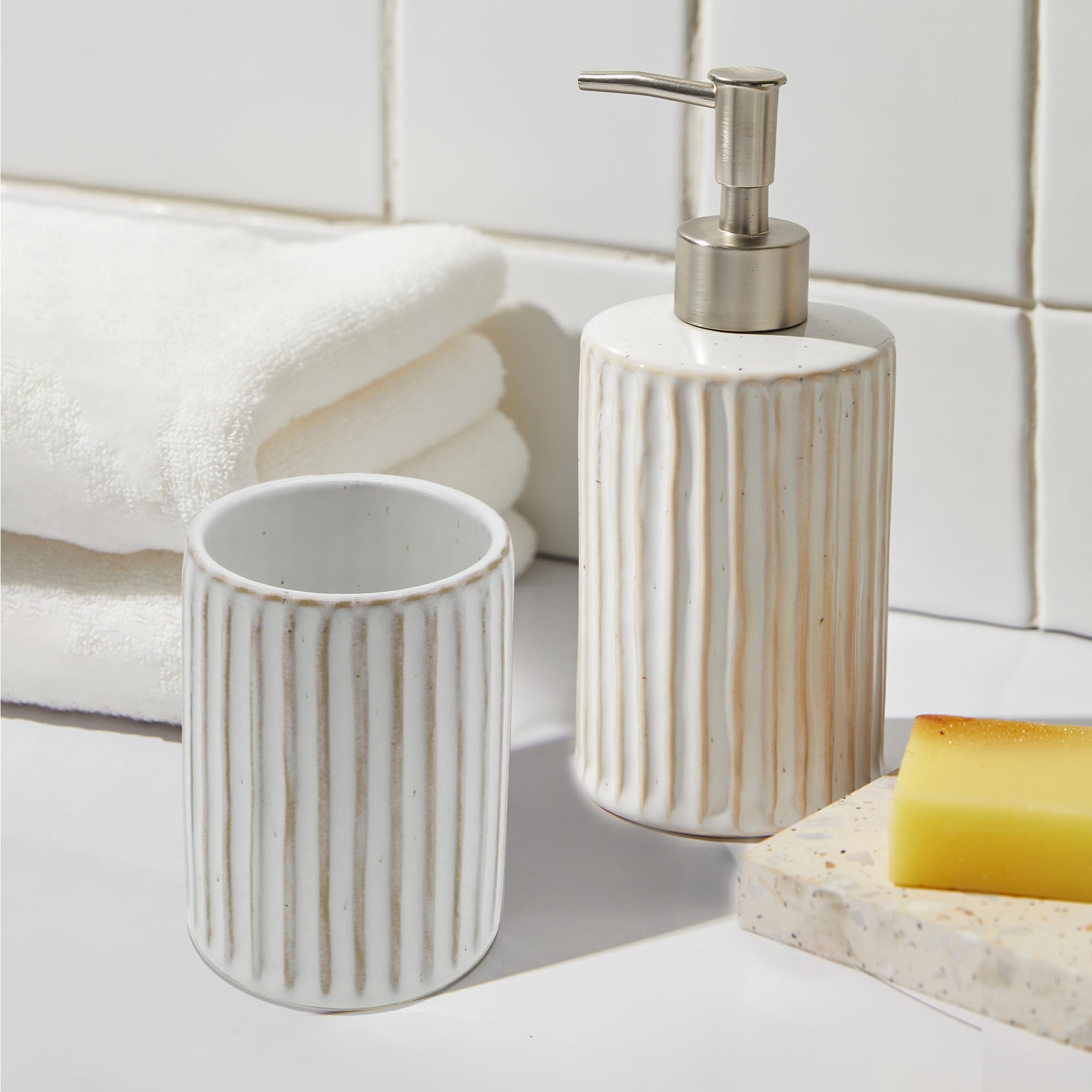 Anko Lined Reactive Soap Dispenser and Tumbler Set- 1 pc Each | White Ceramic Soap Dispenser Set | SGS Certified | Safe and Stylish | White (B0CHYLQ1NY) Amazon Price History, Amazon Price Tracker