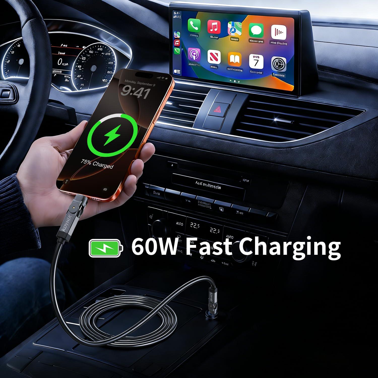 Cavo da USB C a USB C, rotazione a 180°, tipo C, 60 W, cavo di ricarica rapida per iPhone serie 17/16/15, Galaxy S23/S24, Pixel, laptop, MacBook, Switch, all'aperto, viaggi (2 m, nero)
