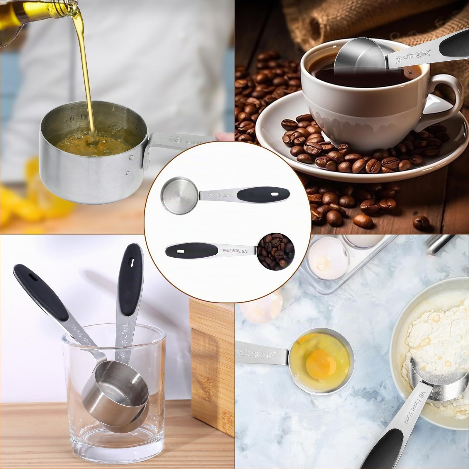 Oruola 2 Stück Kaffeelöffel Portionierer,Edelstahl Kaffeemesslöffel,1/8 Kaffeelöffel Tasse Messbecher,2 EL Kaffee Messlöffel,30 Ml Kaffeedosierlöffel mit Schwarzem Silikongriff