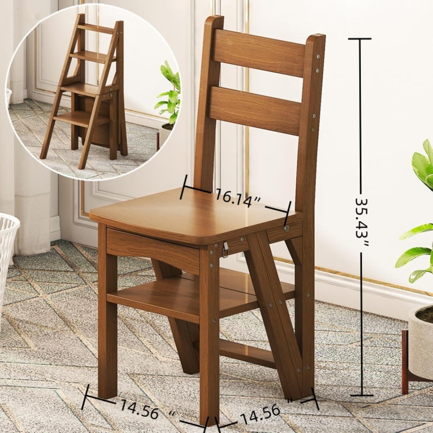 Foldable Wooden Step Ladder Chair - Home Multi-Function Step Stool - Folding Foot Stool - Display Stand and Flower Stand for Home Use -Portable Space Saving -100 KG (Black)