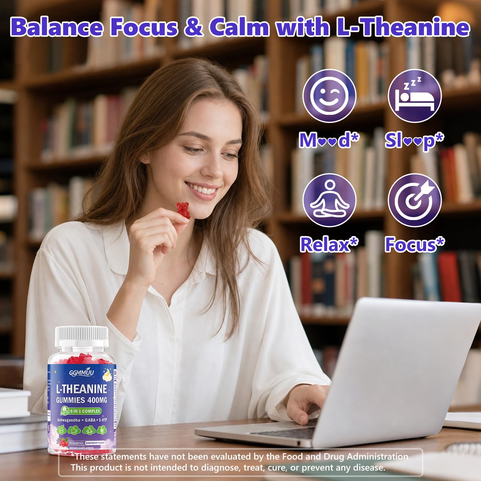 Sugar Free L-Theanine Gummies 400mg - Calm & Focus Support, 60 Count — Amazon image 4