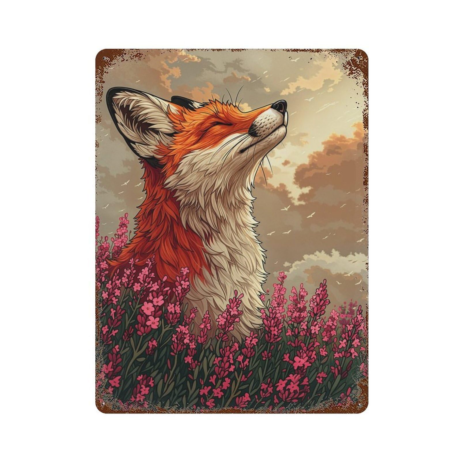 Fox in A Field of Flowers Distressed Metal Wall Sign 15.7"x11.8", Rustic Home Decor for Farmhouse, Kitchen And Entryway Decor