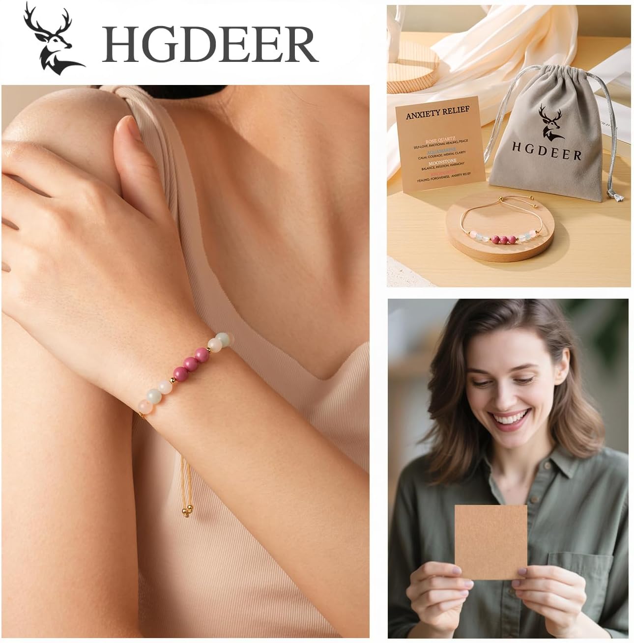 HGDEER Anxiety Relief Crystal Bracelet for Women - 4 Natural Healing Stones with Meaningful Card - Rose Quartz Moonstone Aquamarine Rhodonite Gift - Image 6