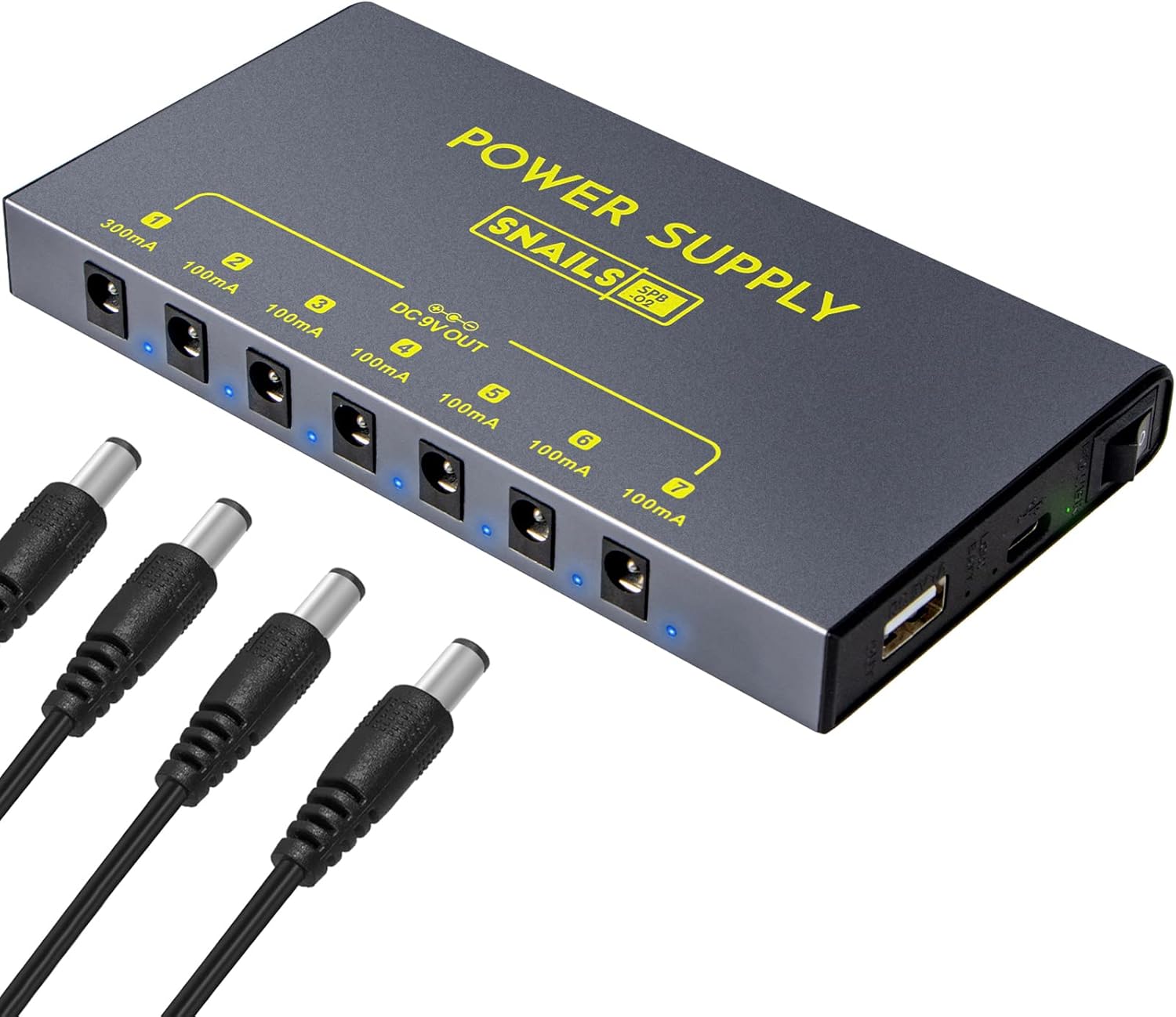 Diagram illustrating output connections for guitar pedals and USB charging
