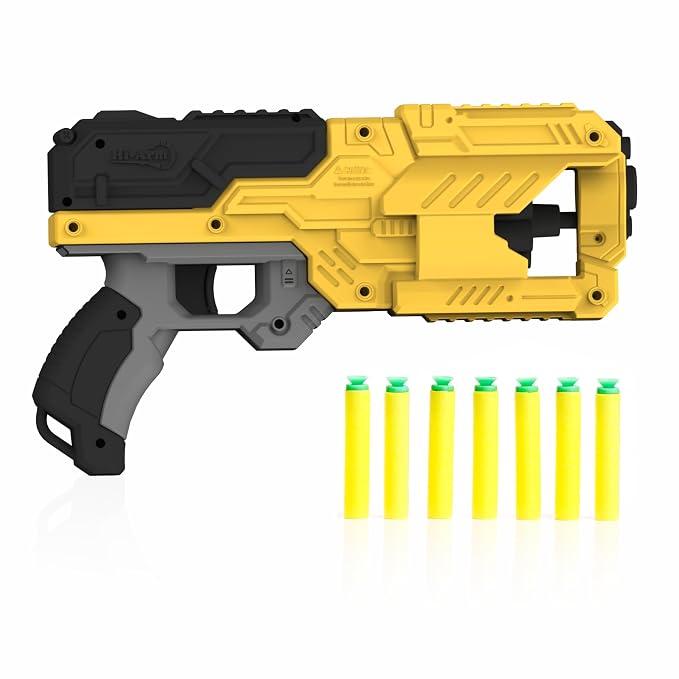 Aditi Toys High Performance Six Fire Gun, Toy Blaster Gun With 6 Dart Rotating Drum, Hi-Arm Toy Gun For Kids Above 6 years, Accurate Upto 45 Feet, Includes 10 Soft Bullet Darts, BIS Approved. (Yellow)