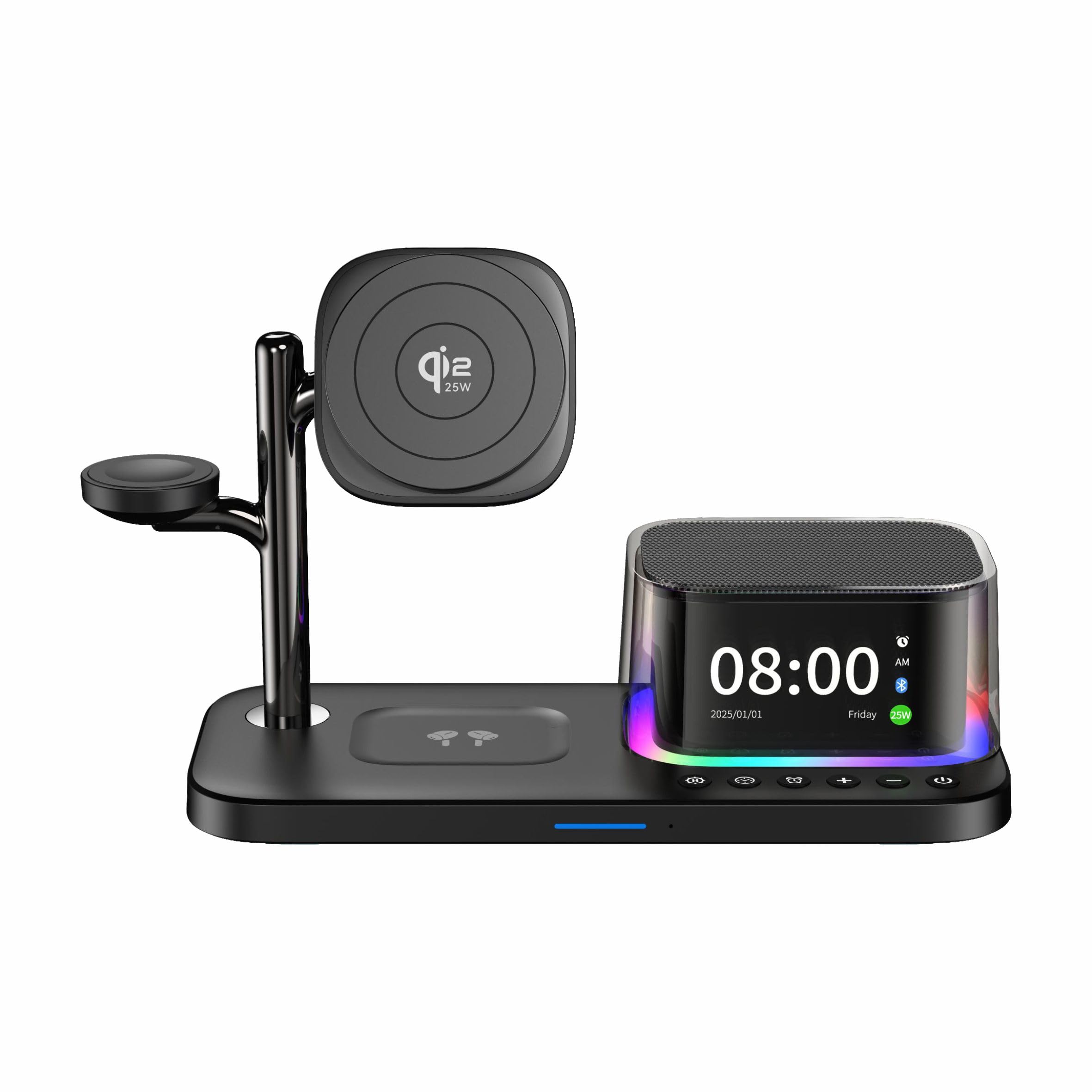 Spacething AEREO 5-in-1 Wireless Charging Station with Qi2 25W Fast Charging for MagSafe iPhones, Apple Watch, Galaxy Watch & Earbuds. Bluetooth Speaker, Digital Clock & RGB Night Light.-image-39