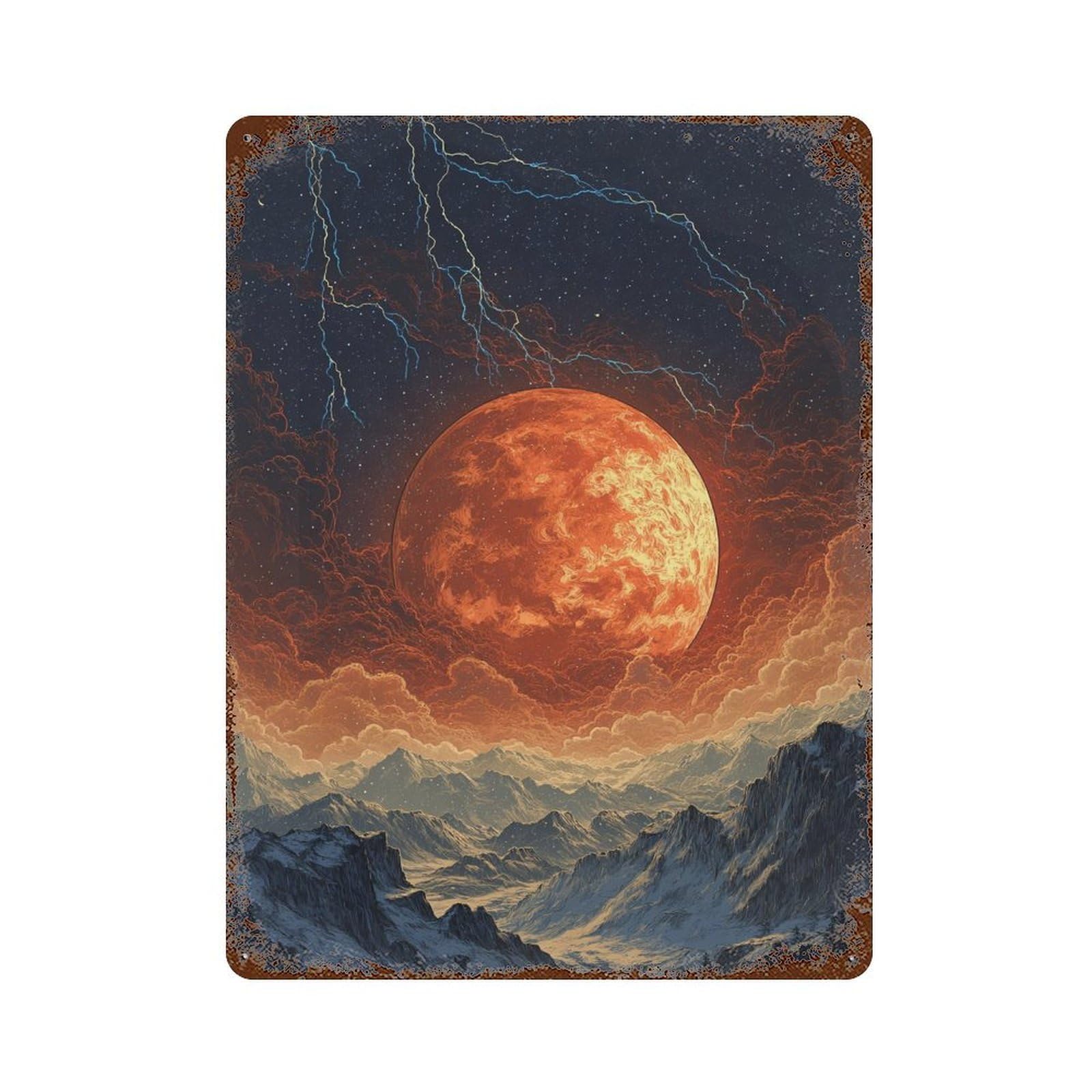 Volcanic Planet Rising Over Snowy Mountains Rusty Metal Tin Sign 15.7"x11.8", Ideal for Office, Studio And Wall Decor