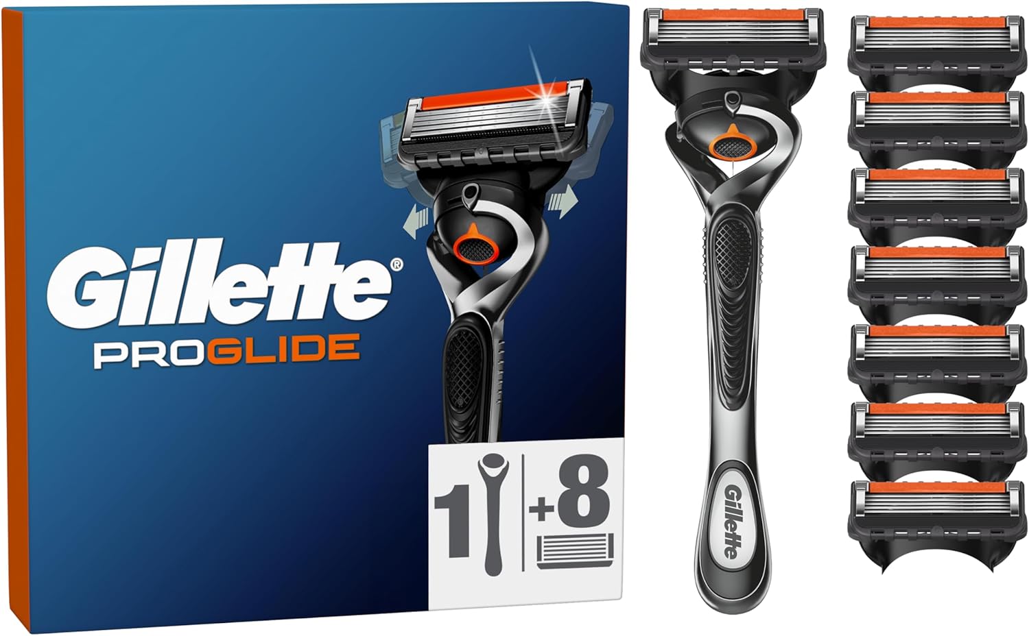 Rasoio da barba Gillette Proglide 1 da uomo e 8 lame di ricambio con doppia lubrificazione prima e dopo le lame, nuova lubrificazione EverGlide per profondità e comfort incredibili, lama da barba da uomo