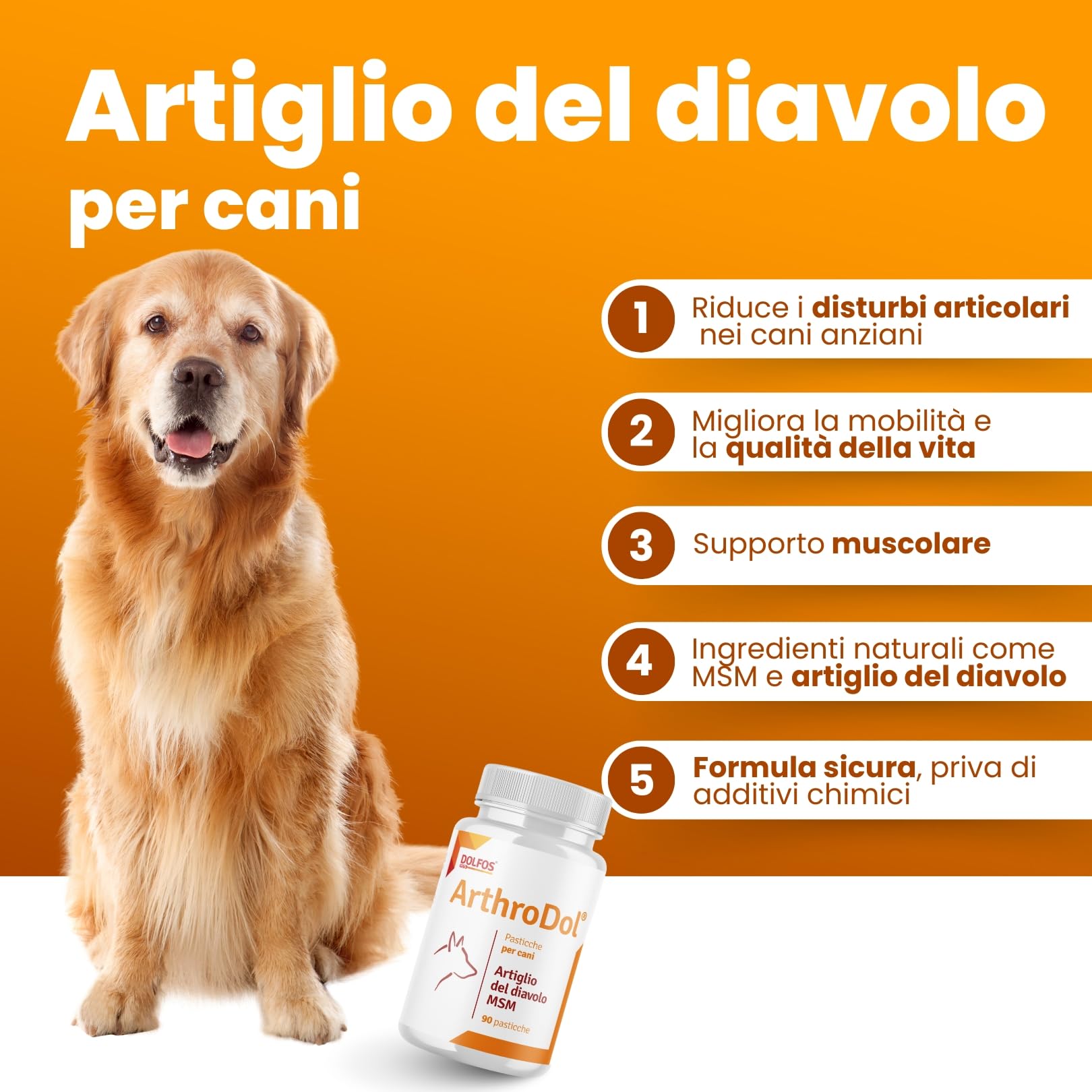 Dolfos Pets ArthroDol Integratore Articolazioni Cane, Antinfiammatorio e Analgesico Favorisce la Mobilità dei Cani Anziani 100% Naturale 90 Compresse
