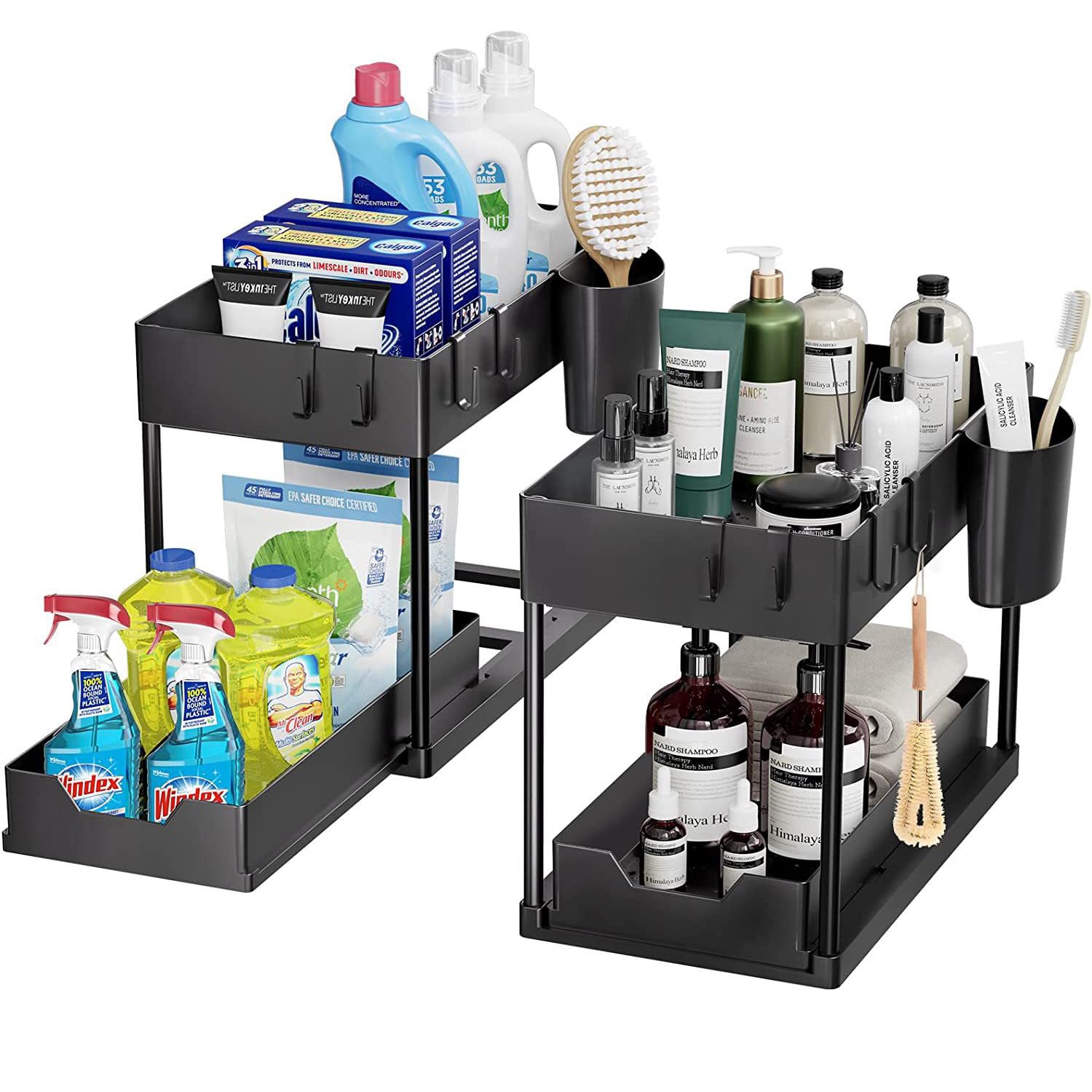 HSIULMY Kitchen Under Sink Organiser, 2 Pcs Under Sink Pull Out Storage 2 Tier Cleaning Storage Organiser, kitchen Essentials for New Home Utility Room Storage Solutions
