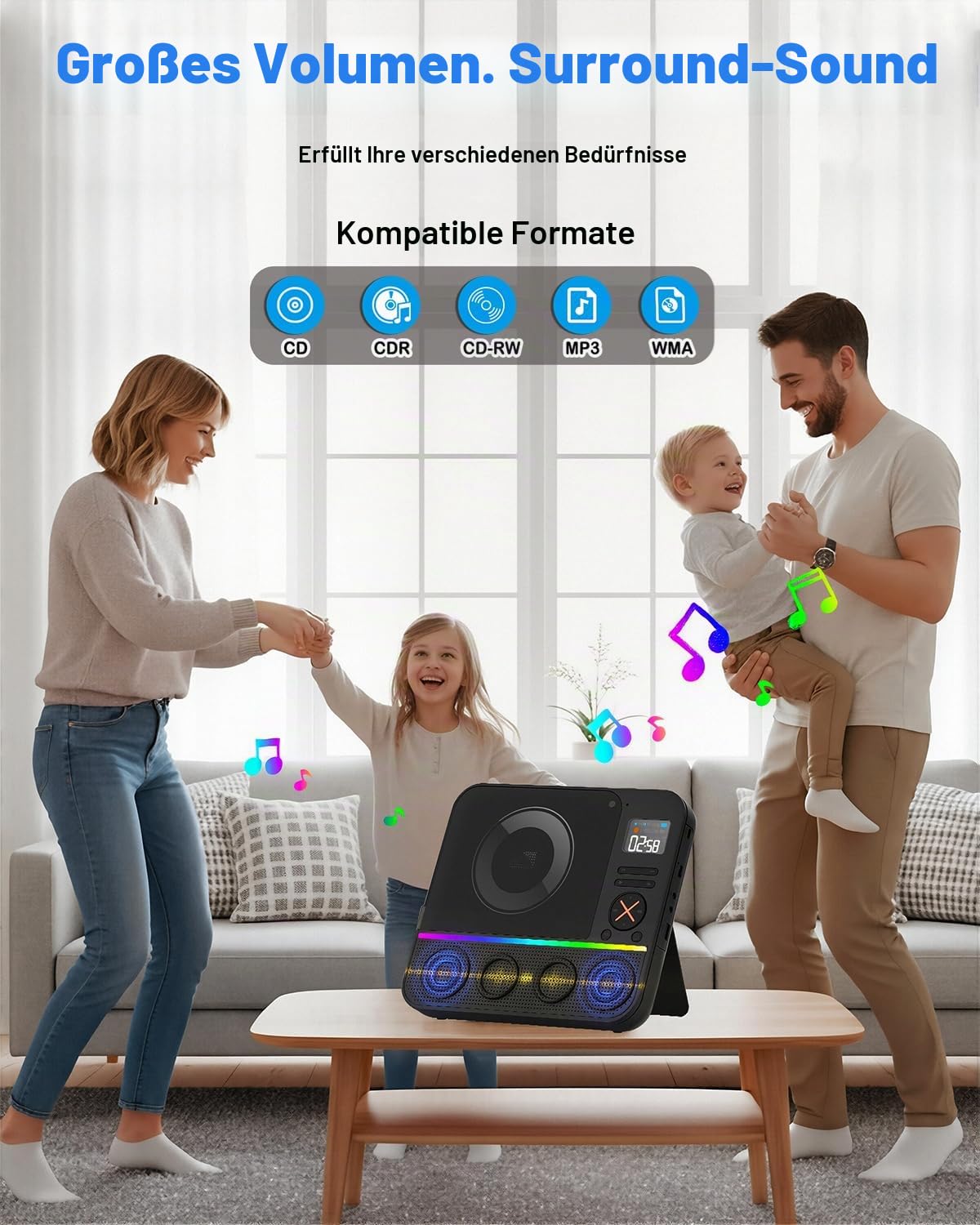 Tragbarer CD Player Bluetooth, Boombox Desktop CD-Player mit Bluetooth FM-Radio und RGB LED-Anzeige Integrierte Dual-Lautsprecher Unterstützt USB/AUX für Hause Camping Tragbare CD-Players