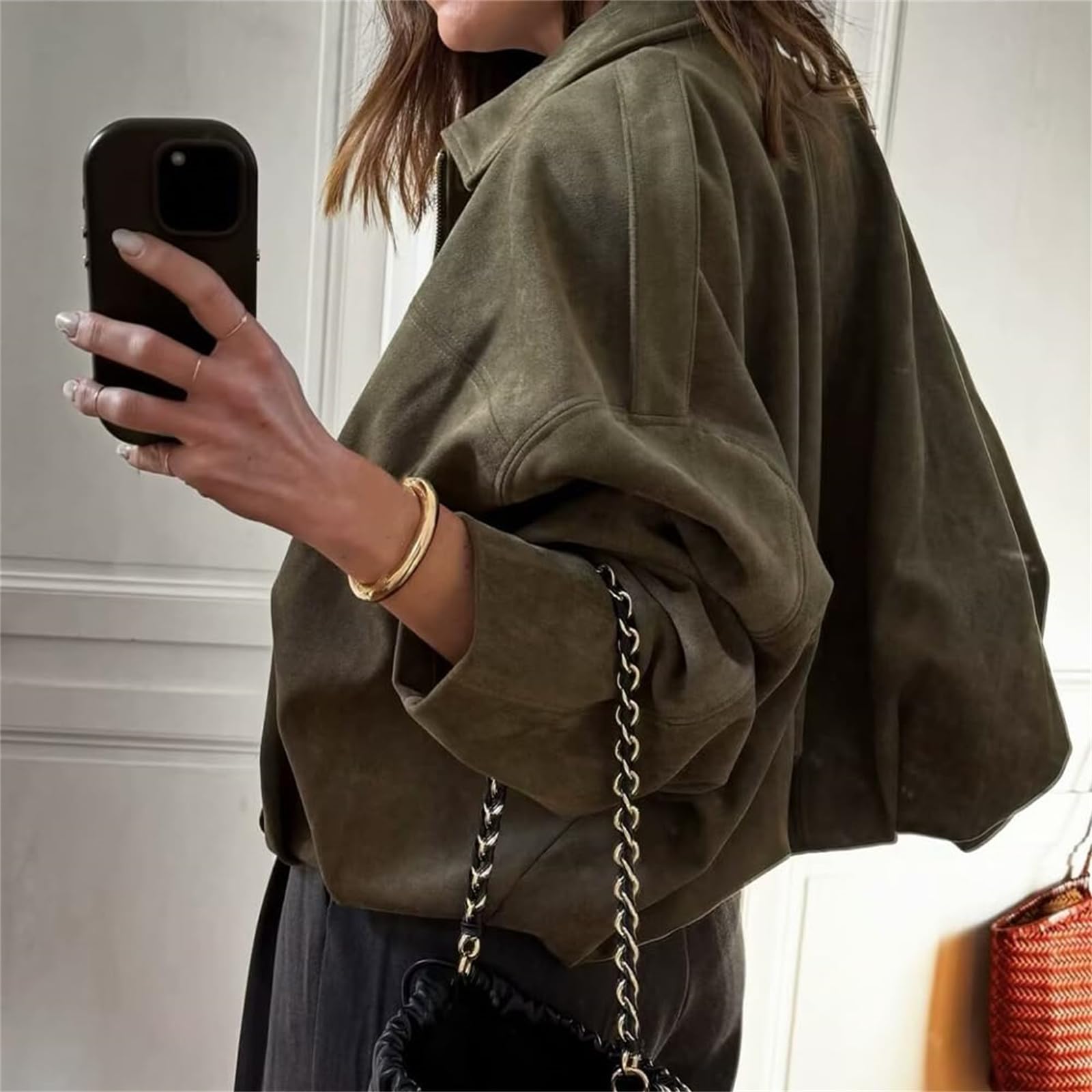 Generisch Chaqueta bomber de ante sintético para mujer, estilo informal, de manga larga, estilo urbano, estilo casual