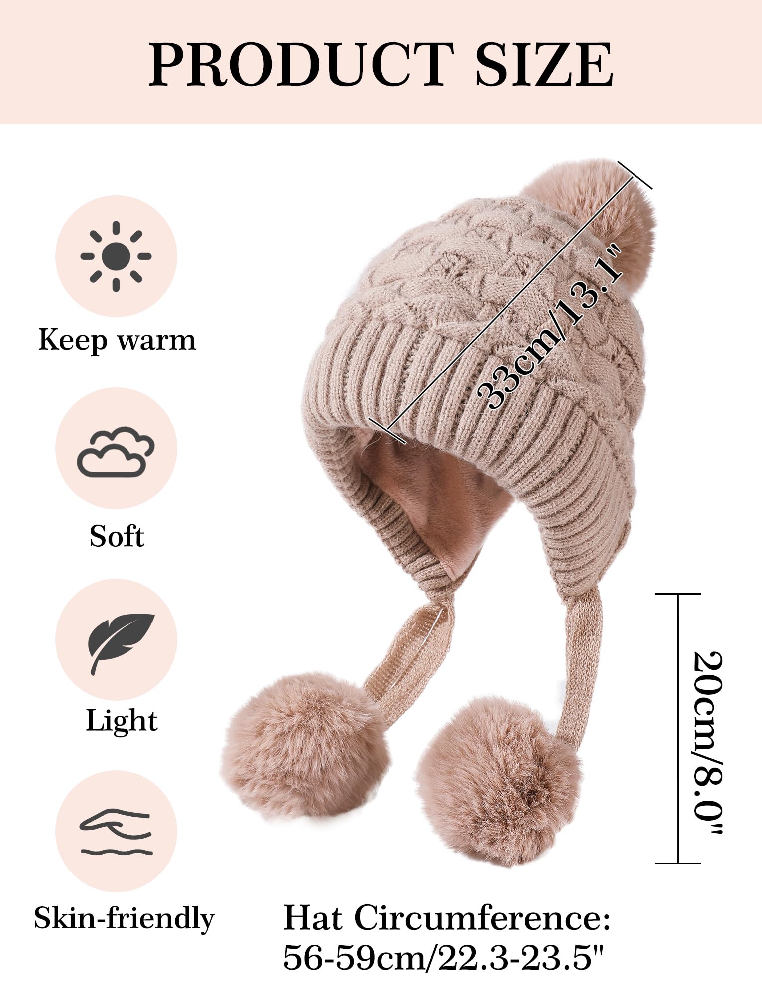 SEAUR Bonnet d'hiver souple pour femme avec doublure en polaire - Cagoule chaude - Avec cordon de serrage, B rose., taille unique