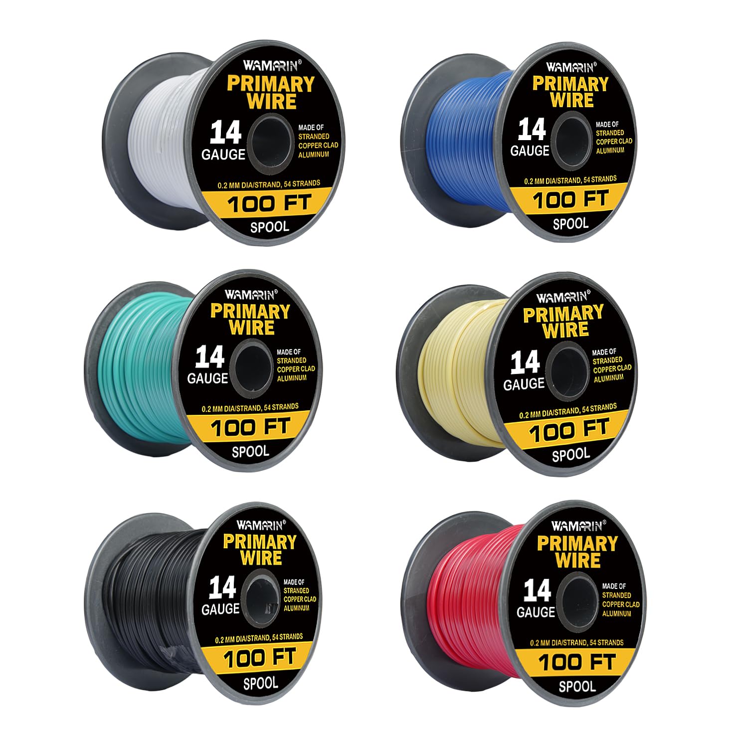 Wamarin 14 Gauge Wire Combo, 6 Colors, 100ft Rolls (600ft Total) - Durable Copper Clad Aluminium, Ideal for Heavy-Duty Auto & Home Projects, Insulated