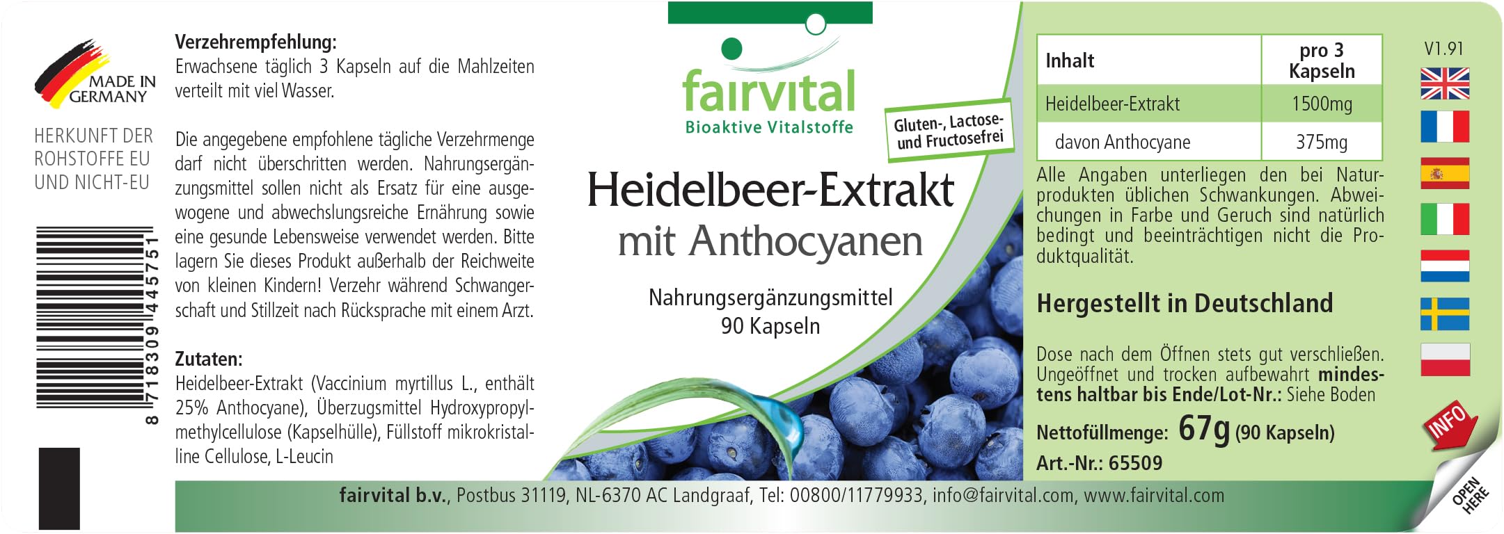 fairvital Heidelbeer-Extrakt mit Anthocyanen, 90 Kapseln, HOCHDOSIERT, 25% Anthocyane, VEGAN