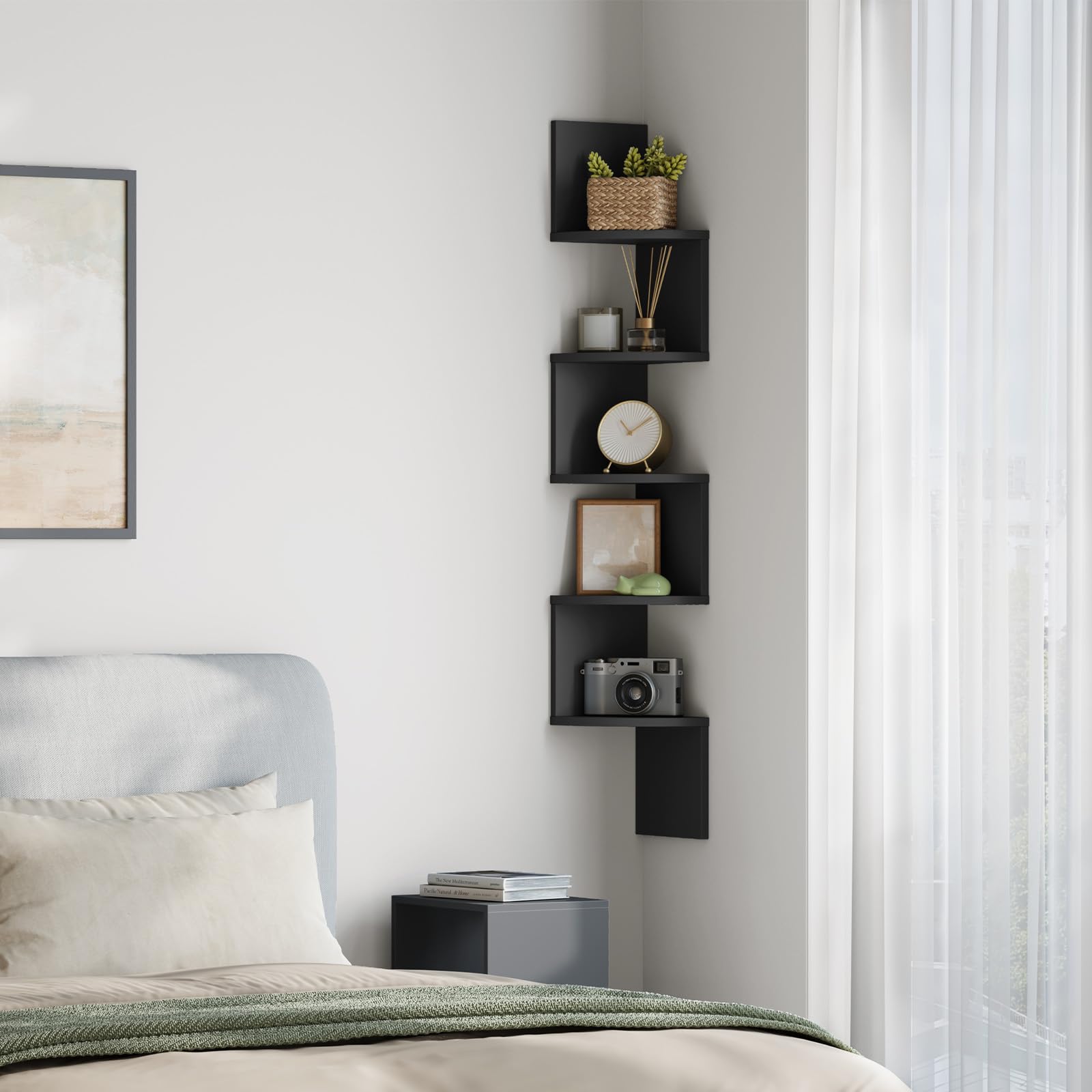 WOLTU Mensola Angolare da Muro Zigzag, Libreria da Parete con 5 Ripiani, Scaffale a Muro per Camera da Letto, Soggiorno, Cucina, Studio, Mensola Nera in Legno, RG9313sz2