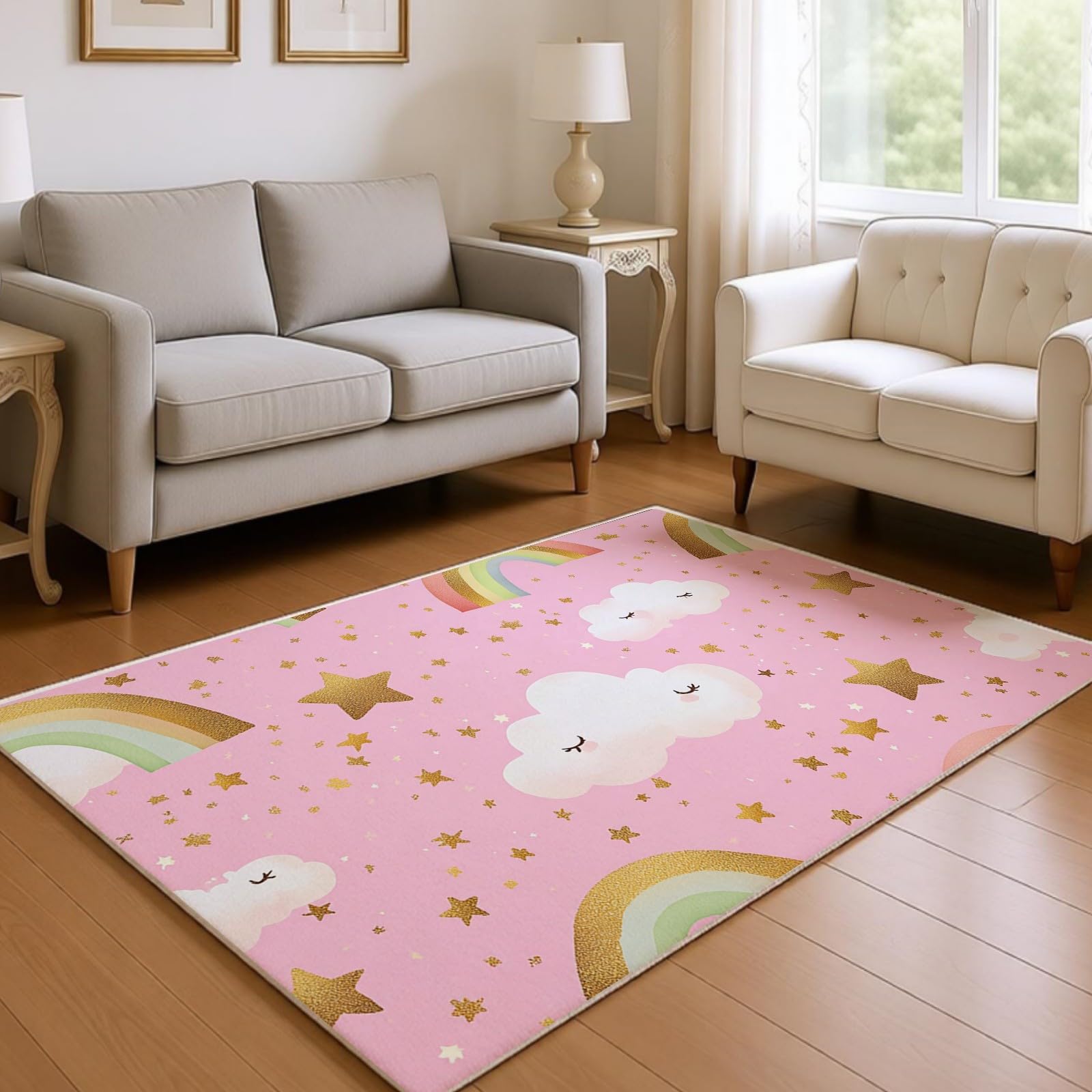 Großer Teppich 120x180 cm Sterne und Wolken Kurzflor Teppich Waschbar Kurzflor rutschfest Rosa für Kinderzimmer Esszimmer und Büro
