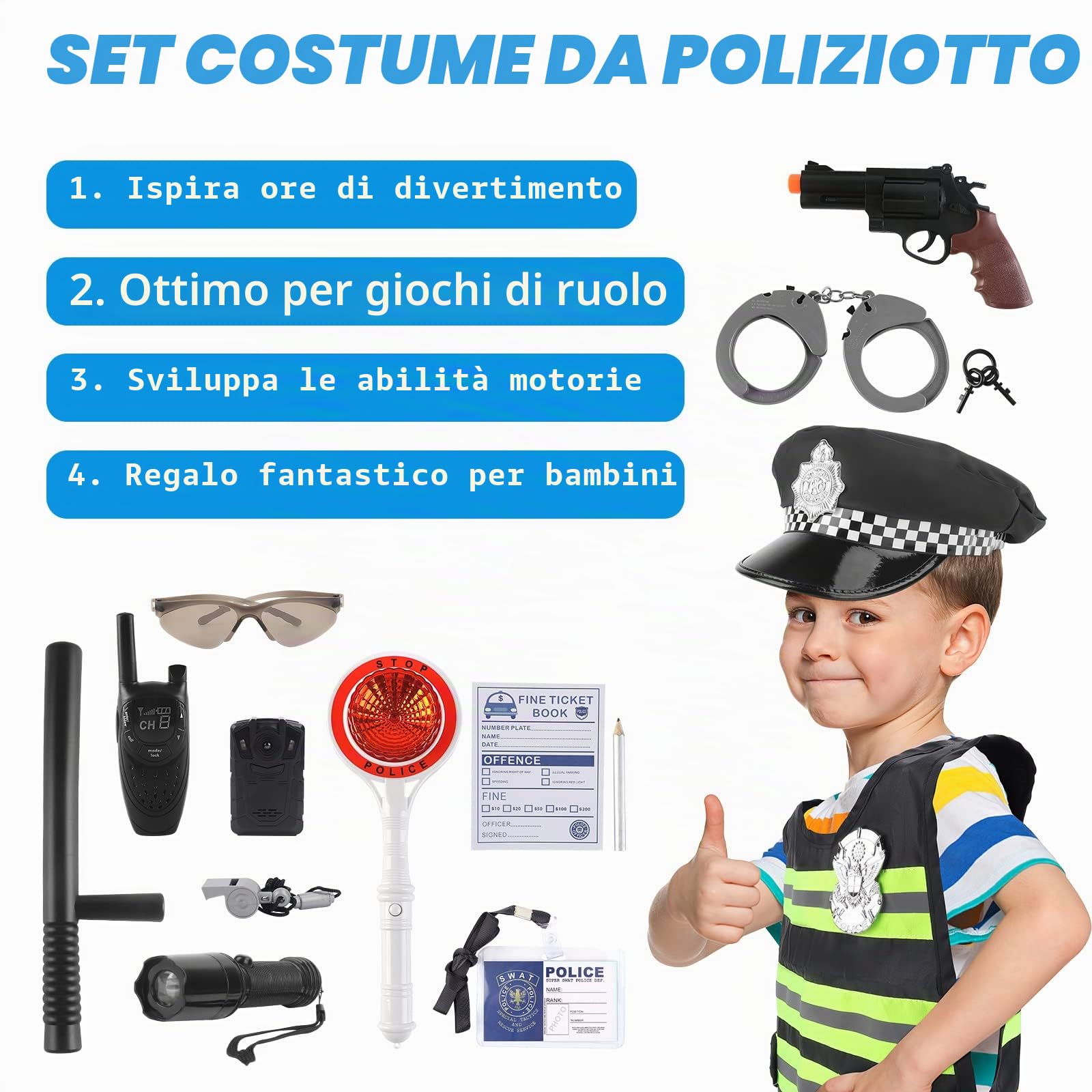 deAO Costume Poliziotto Bambino, 14PCS Accessori Polizia per Bambini | Giocattolo Attrezzatura della Polizia, Gilet Occhiali da Sole, Walkie Talkie Giocattolo Gioco di Ruolo per Halloween 6+anni