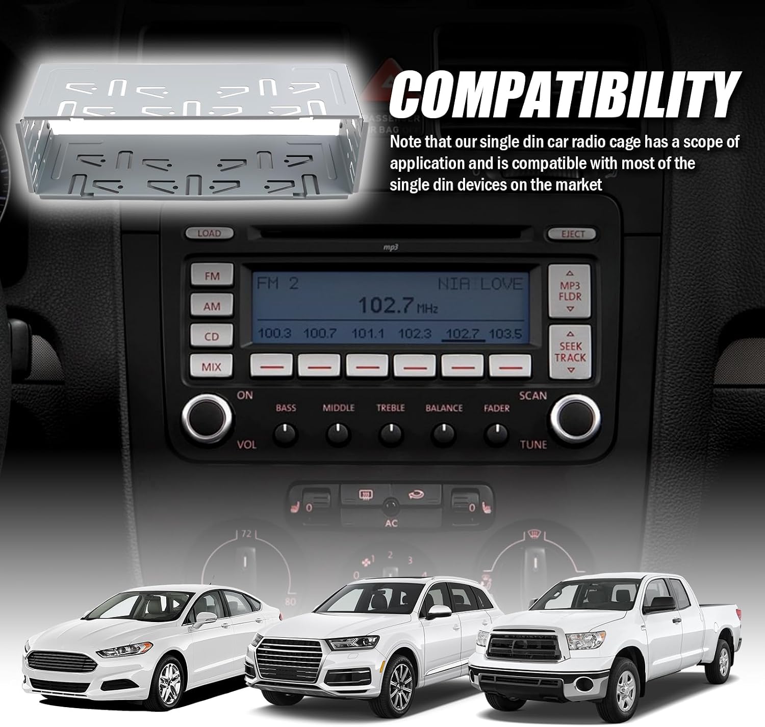 Single Din Car Stereo Replacement Fitting Cage,Sturdy Car Radio Installation Kit with Side Snaps,Professional Single Din Radio Mount Cage Cars Accessories for DVD Player/Stereo