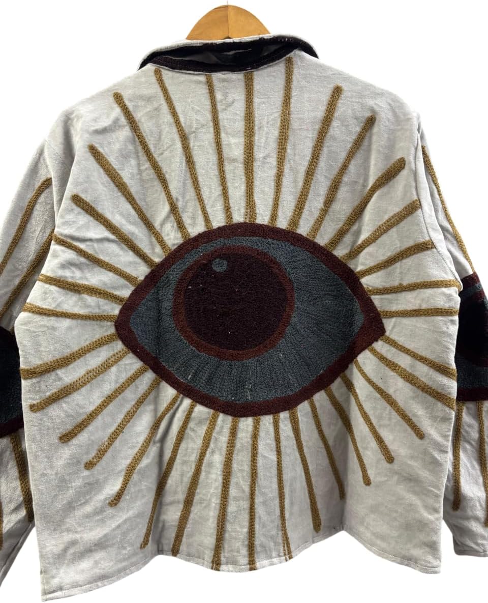 Embroidered Evil Eye Motif Jacket, Beige, Cotton Blend, Long Sleeve, Collared, Striped Lining, Artistic Design