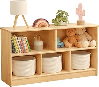 OOOK Rubber Wood 5-Compartment Montessori Shelf, 43.3" L, 2-Tier Toy Organizers and Storage, Wooden Storage Cabinet for Kids Room, Playroom, Nursery, Classroom, Kindergarten
