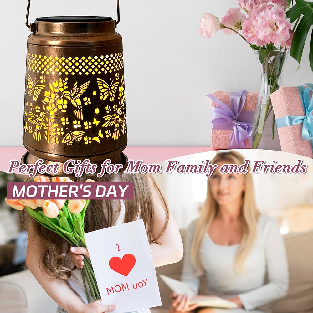 KY&BOSAM Faroles solares para exteriores, impermeables, LED, colibrí y mariposa, decoración de jardín, regalo de cumpleaños para mujeres, mamá, luz decorativa colgante de metal para patio, césped