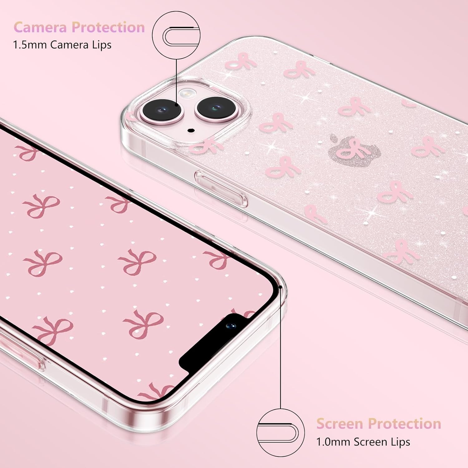 ZTOFERA for iPhone 13/iPhone 14 Case Glitter,Cute Clear Ribbon Bow Tie Aesthetic Phone Case,Sparkly Bling Trendy Soft Shockproof Protective Phone Cover for Women Girls,Soft Pink - Image 4