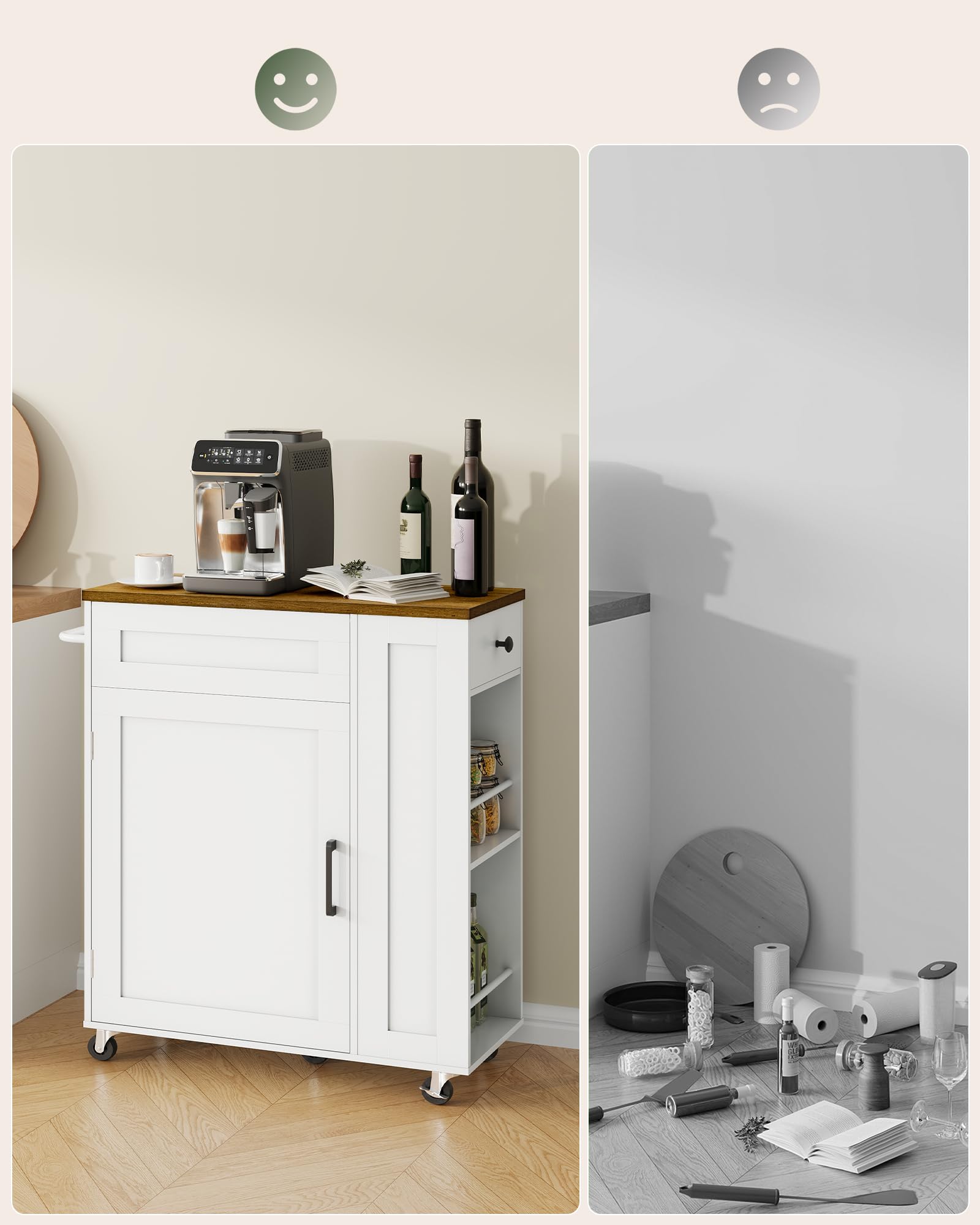 CHOEZON Carrito de Cocina Móvil con Isla, Carro con Compartimento Oculto para Basura, Carrito de Cocina con 5 Ruedas Giratorias, Cajón, Estantes y Toallero, para Cocina, Blanco y Nogal DMZD06WL