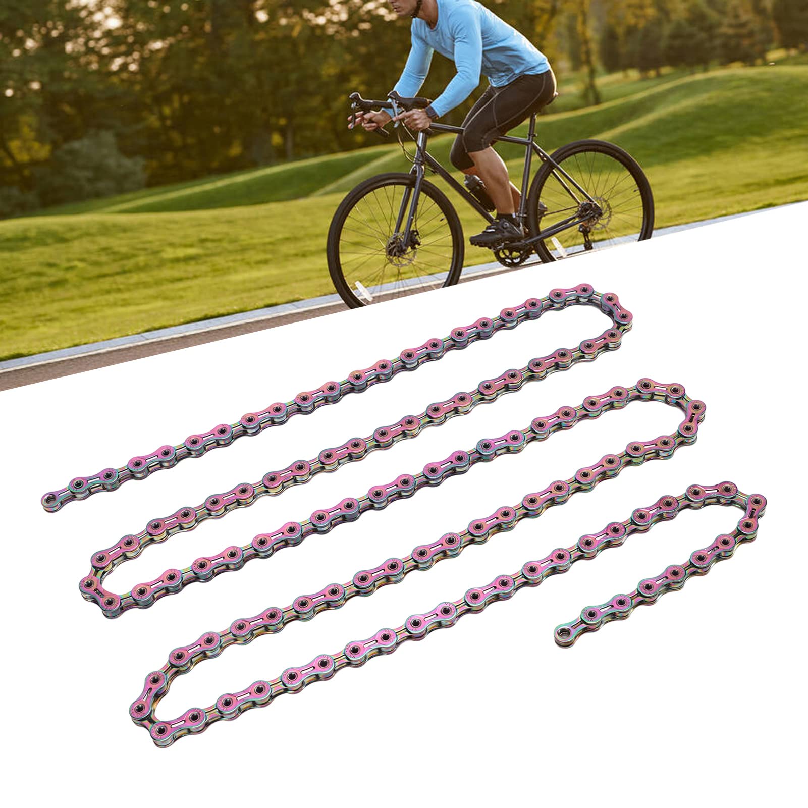 Catena per bici a 9 velocità Acciaio al carbonio Resistente all'usura Stabile Sicuro Catena per bicicletta elettrolitica colorata Accessori di ricambio per cambio fluido e