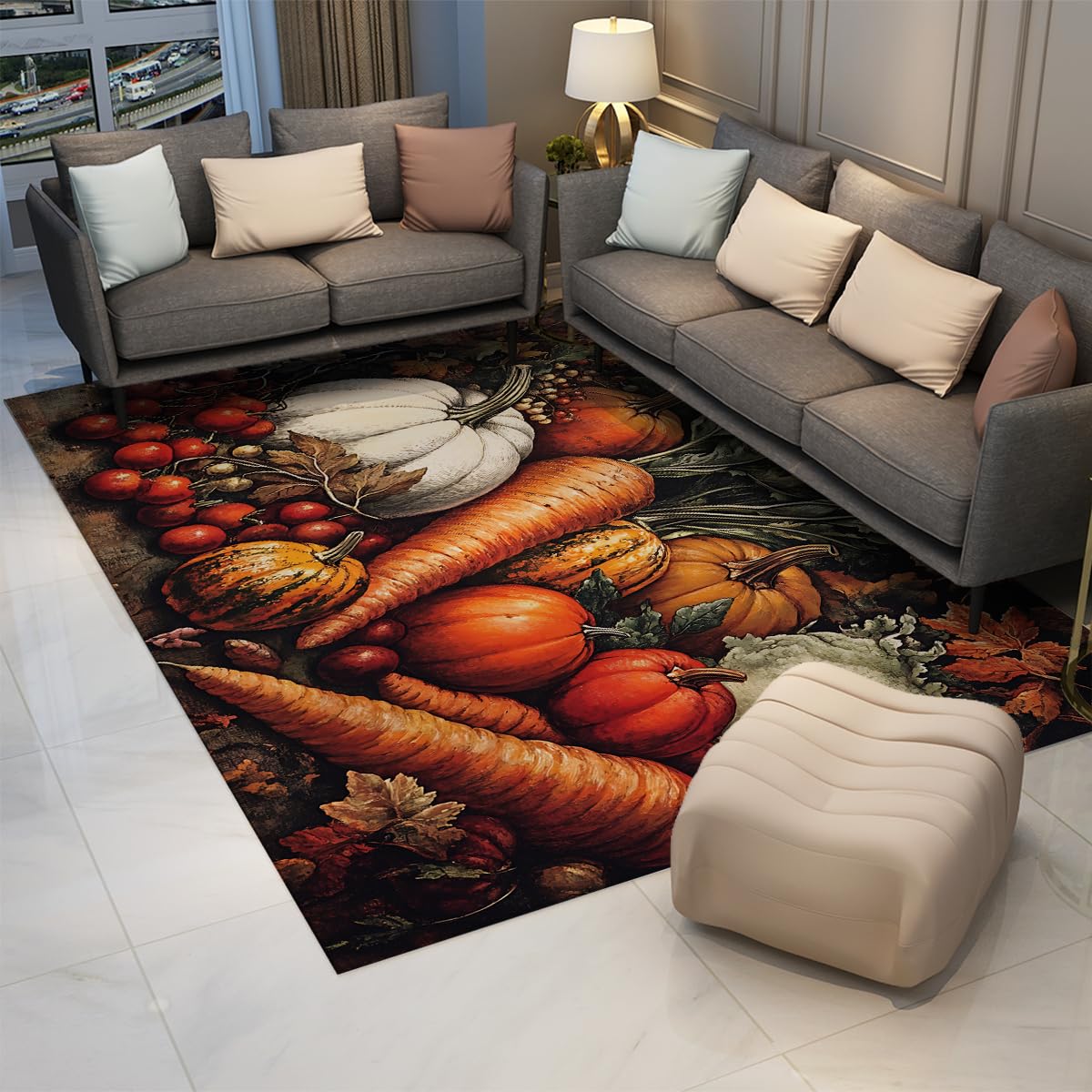 Jesienny dywan na festiwal, marchew, dynie, pomidory, antypoślizgowy, z niskim runem, do salonu, kuchni, jadalni, wewnątrz i na zewnątrz, 120 x 200 cm