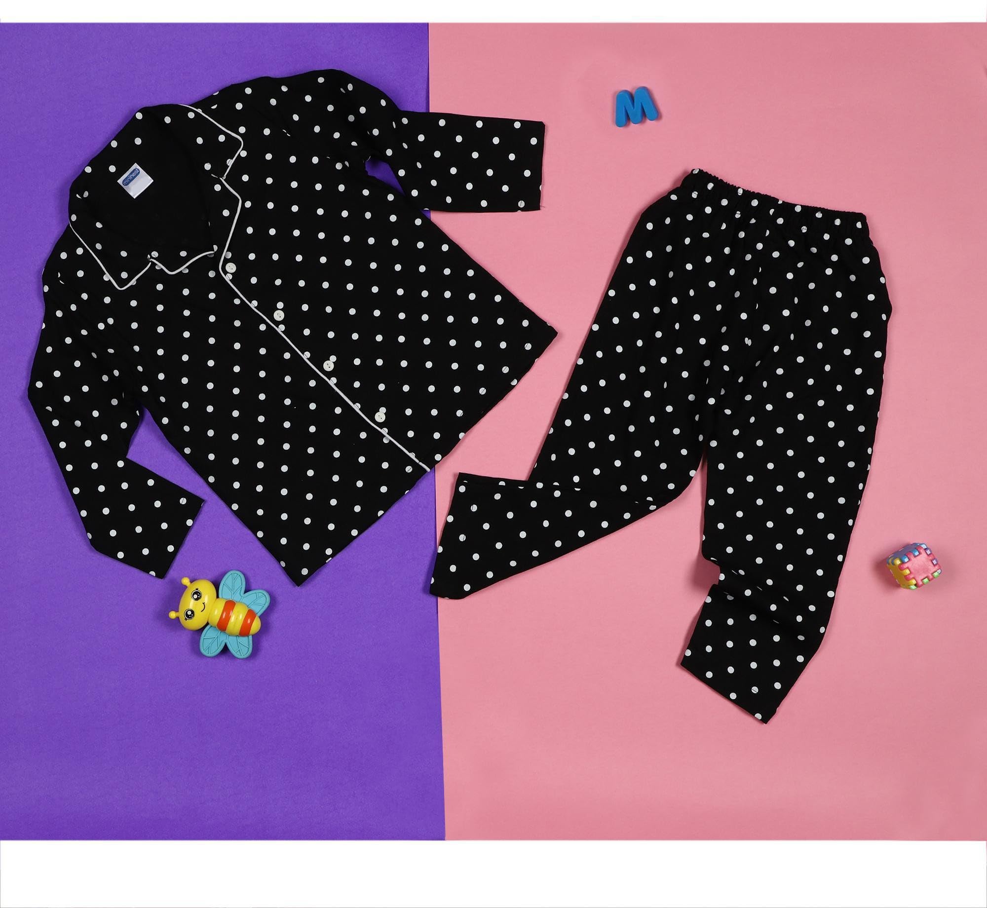 mininest Rayon Full Sleeves Polka Printed Night Suit | Night Wear | Sleep Suit For Boys & Girls- Black (7-8 Years) - Image 6 thumbnail