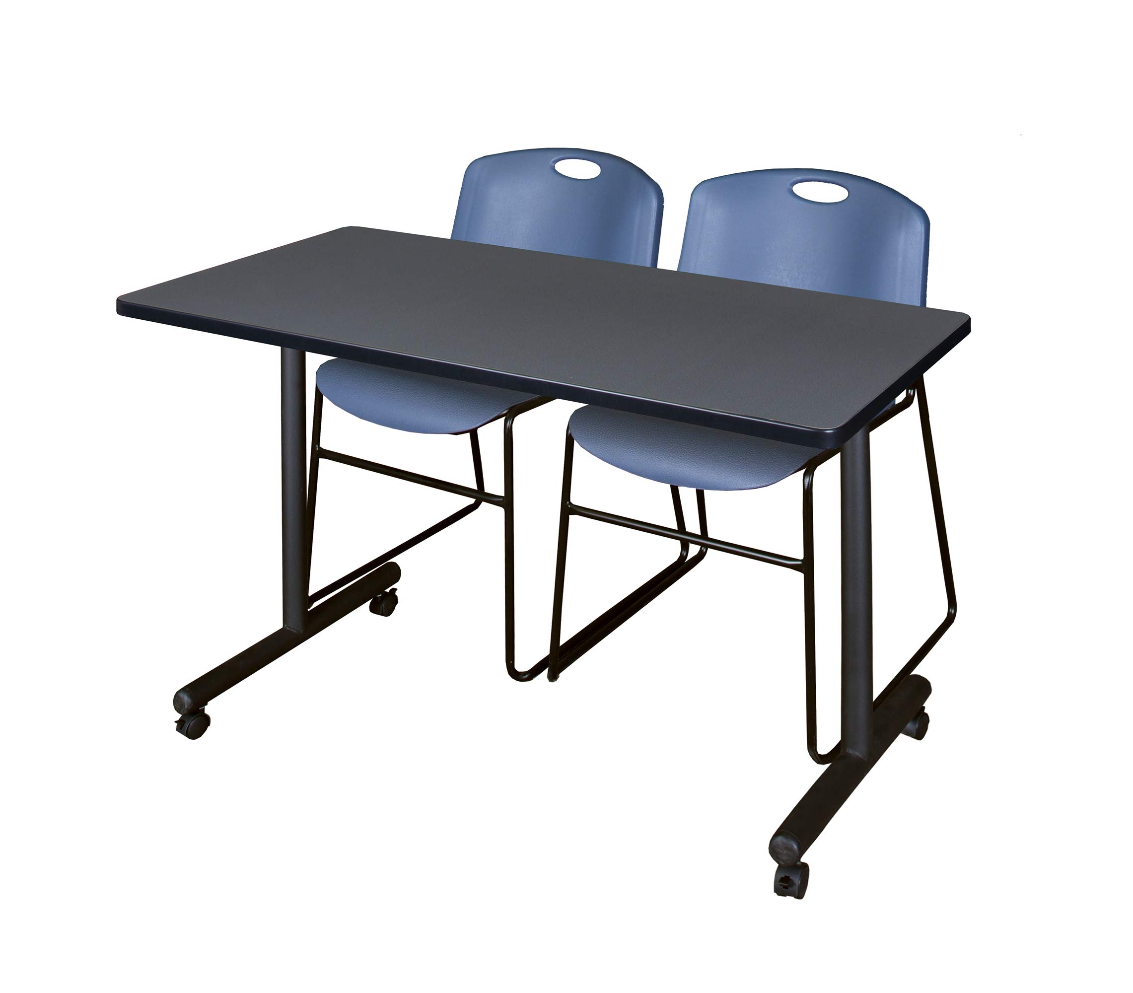Regency Kobe 48 x 24 in. Mobile T-Base Training Table- Grey, 2 Zeng Stack Chairs- Blue